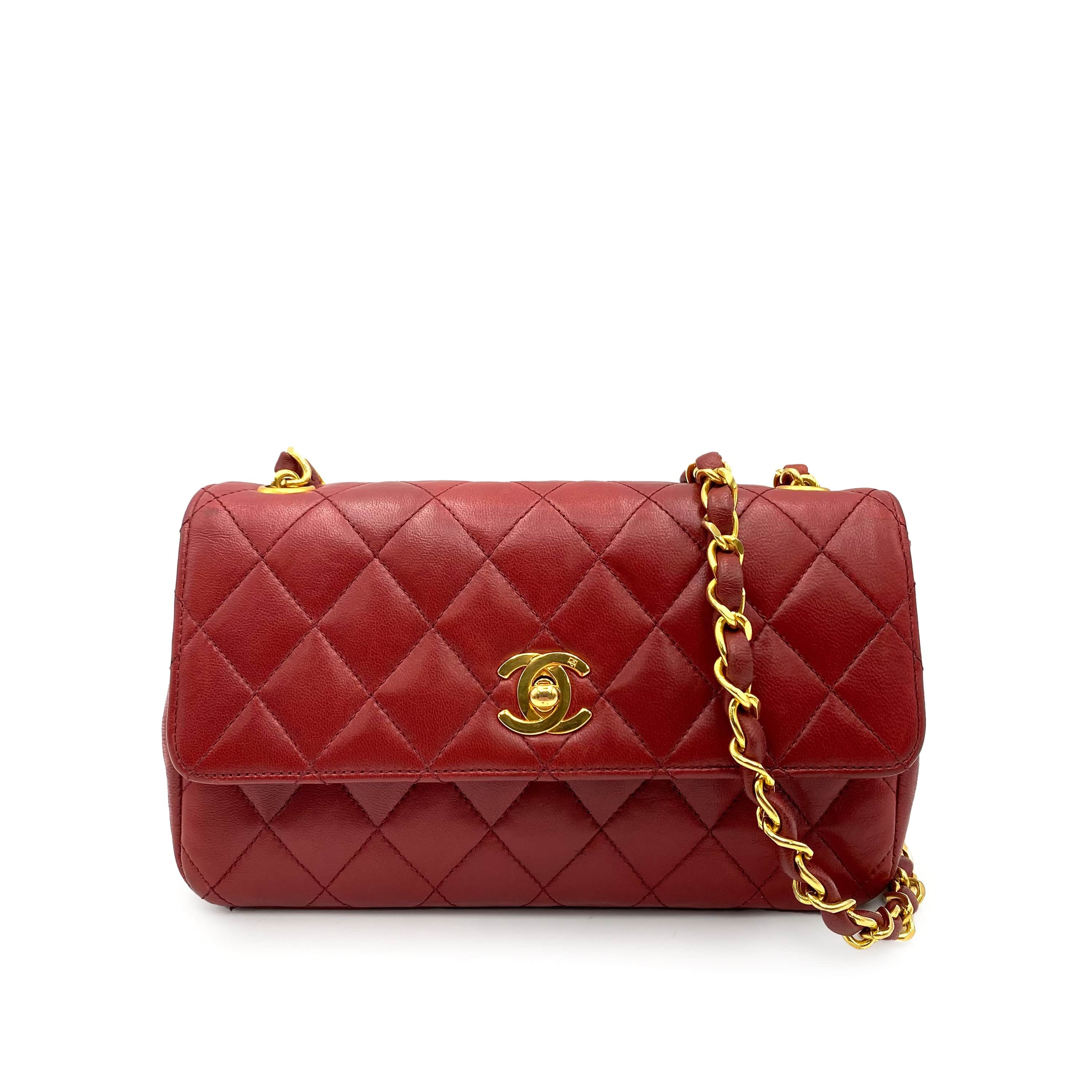 Chanel CHANEL VINTAGE MINI MATELASSE CHAIN SHOULDER BAG RED LAMB SKIN 90223951