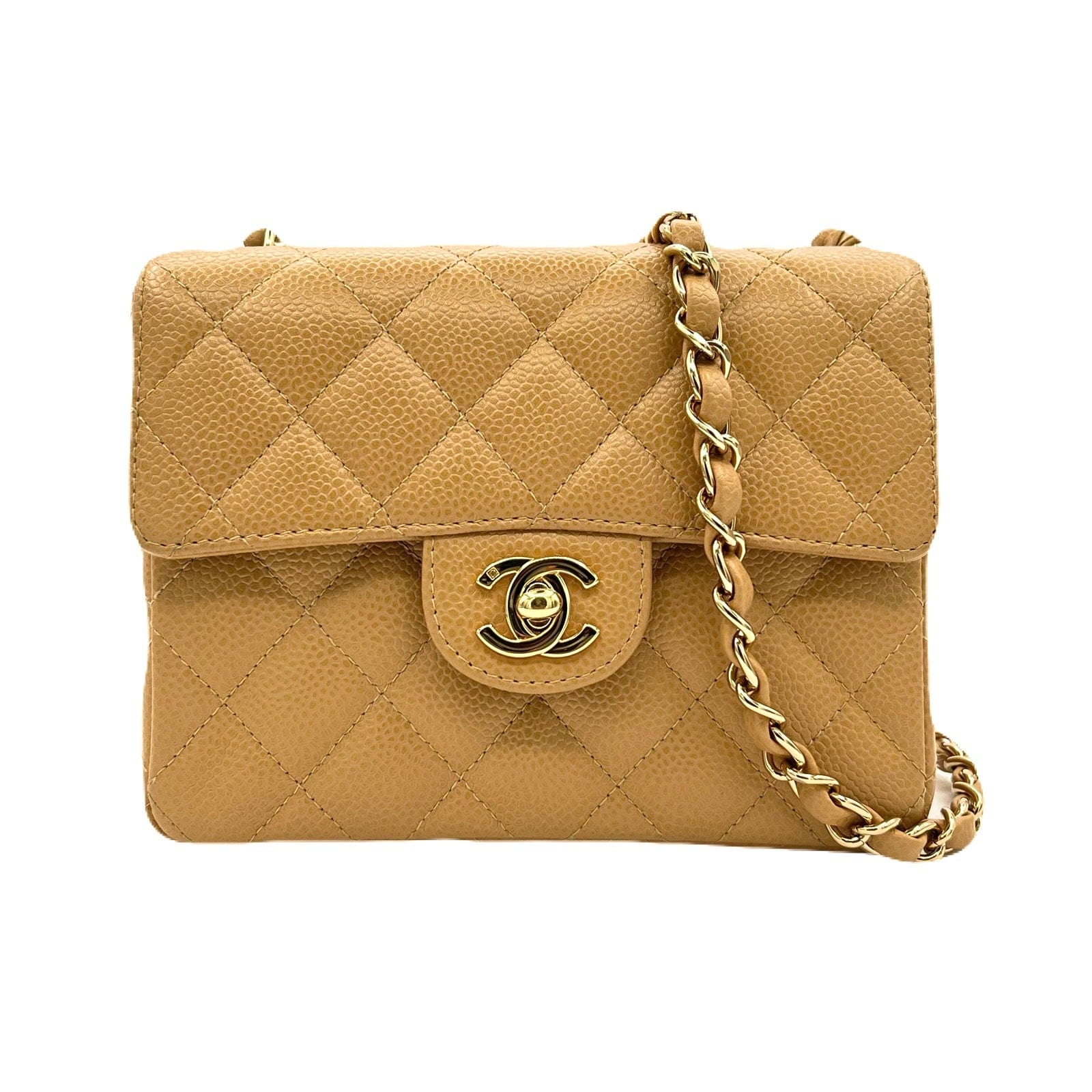 Chanel CHANEL VINTAGE MINI SQUARE 17 CHAIN SHOULDER BAG BEIGE CAVIR SKIN 90220262