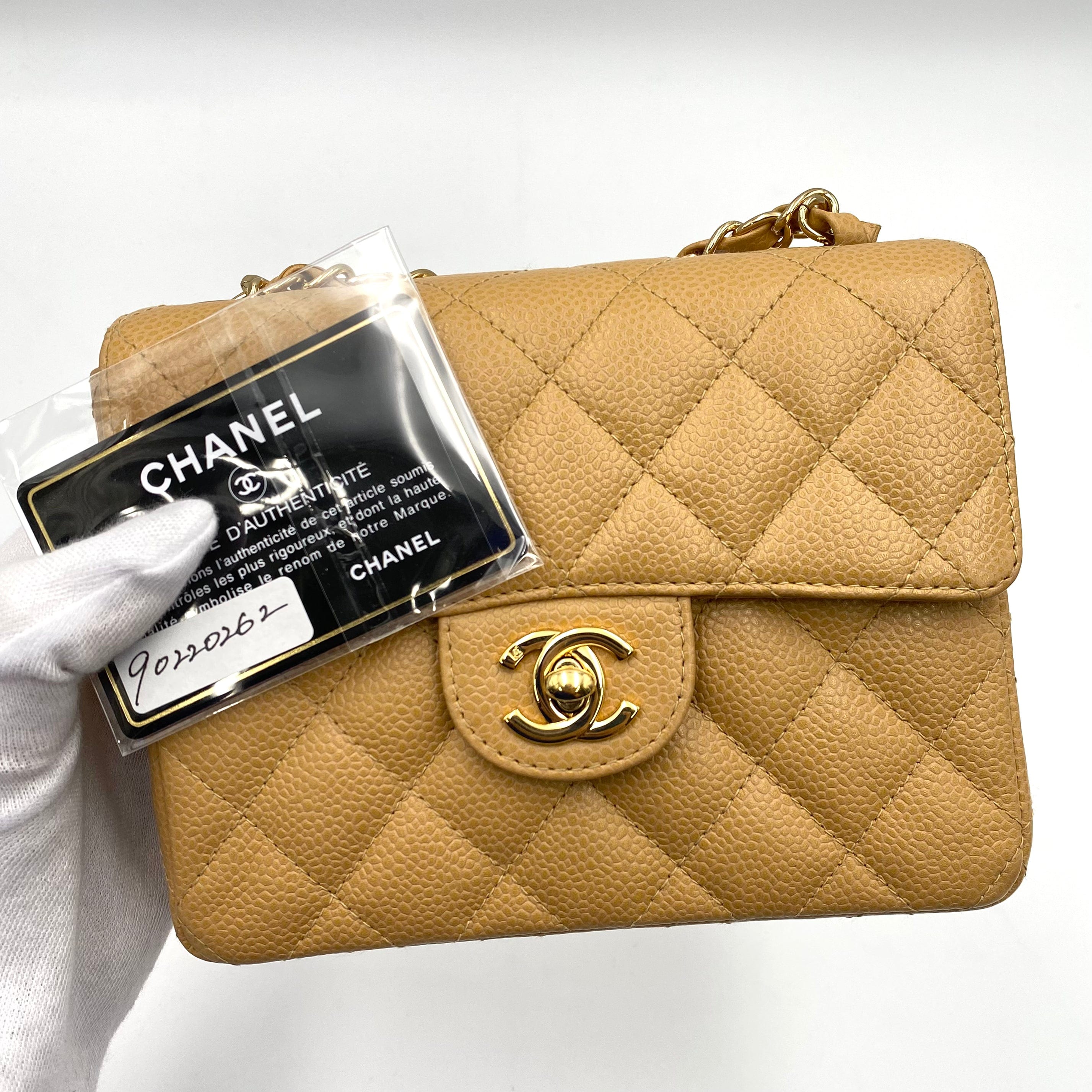 Chanel CHANEL VINTAGE MINI SQUARE 17 CHAIN SHOULDER BAG BEIGE CAVIR SKIN 90220262