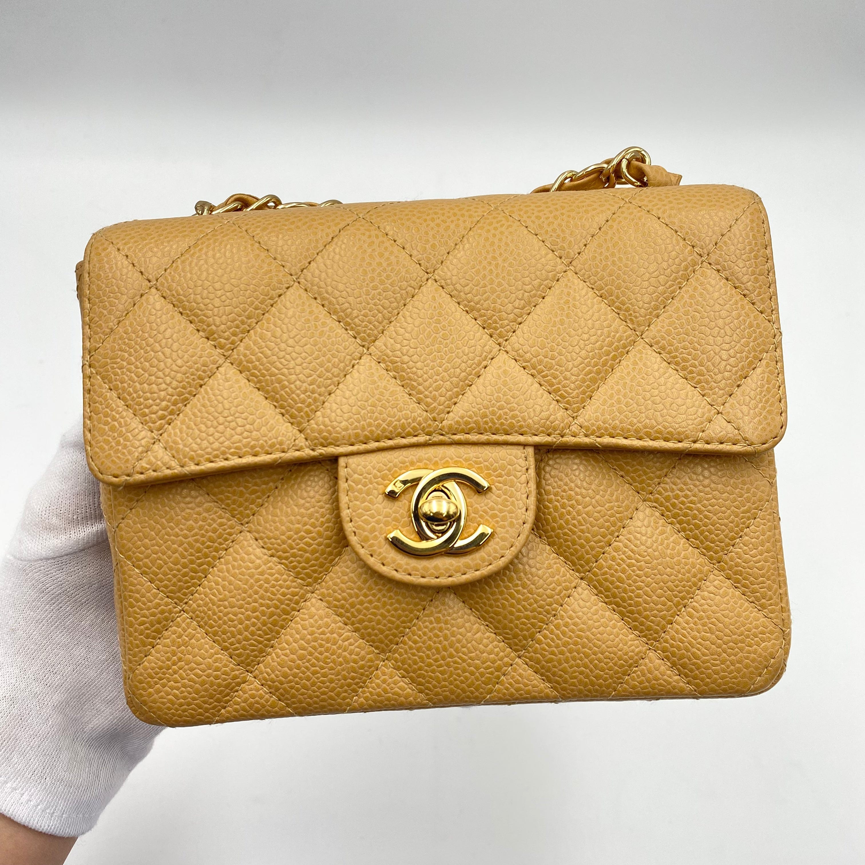 Chanel CHANEL VINTAGE MINI SQUARE 17 CHAIN SHOULDER BAG BEIGE CAVIR SKIN 90220262