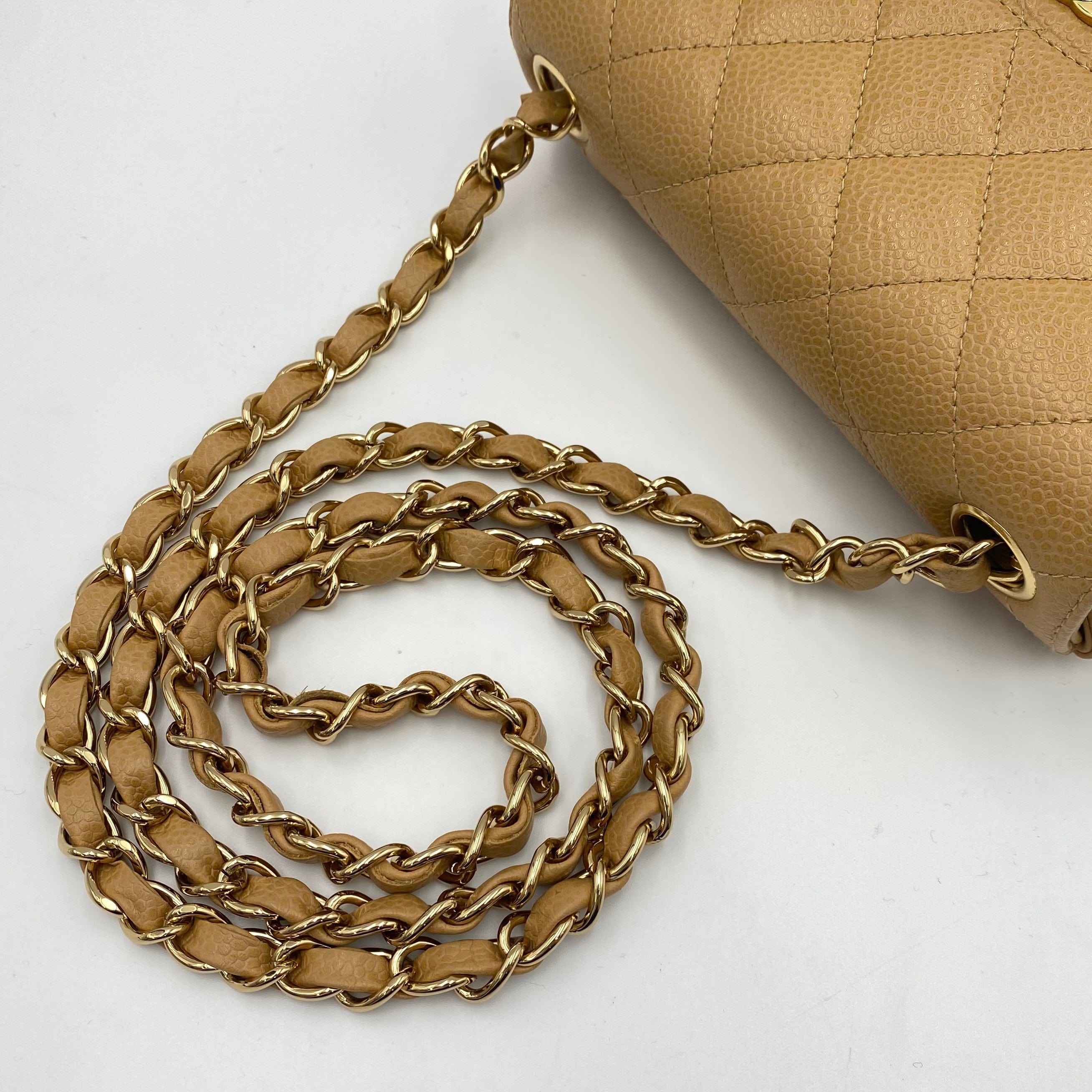 Chanel CHANEL VINTAGE MINI SQUARE 17 CHAIN SHOULDER BAG BEIGE CAVIR SKIN 90220262