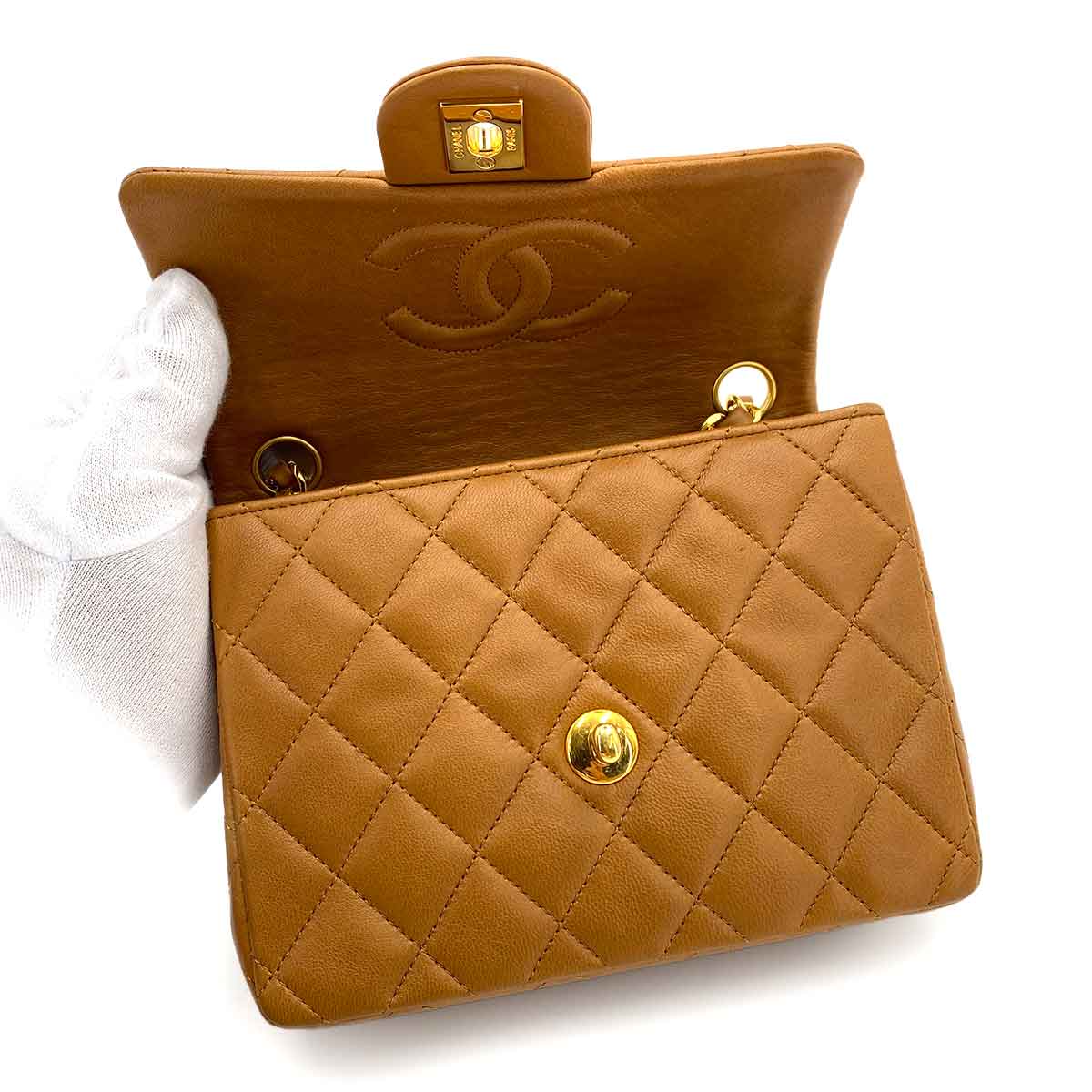 CHANEL CHANEL VINTAGE MINI SQUARE 17 CHAIN SHOULDER BAG CAMEL LAMB SKIN 90244706