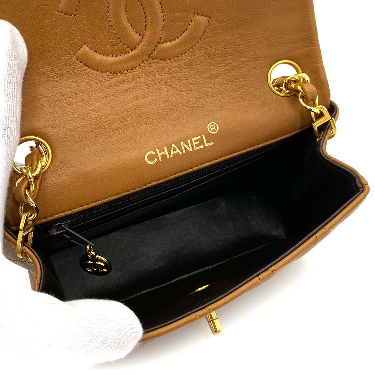 CHANEL CHANEL VINTAGE MINI SQUARE 17 CHAIN SHOULDER BAG CAMEL LAMB SKIN 90244706