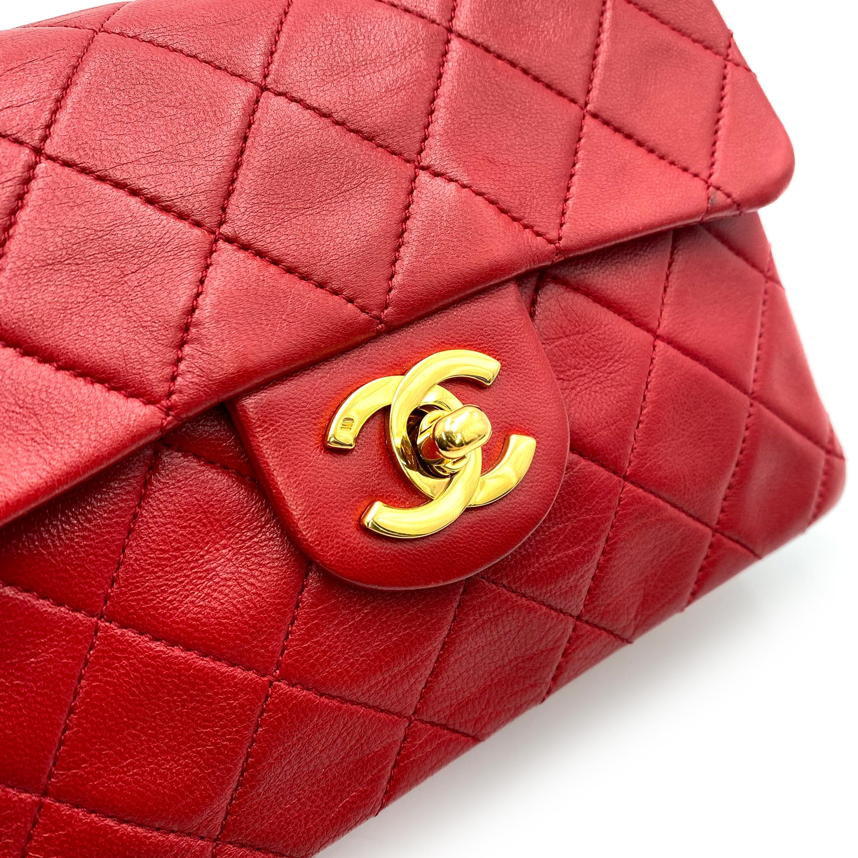 Chanel CHANEL VINTAGE MINI SQUARE 17 CHAIN SHOULDER BAG RED LAMB SKIN 90235916