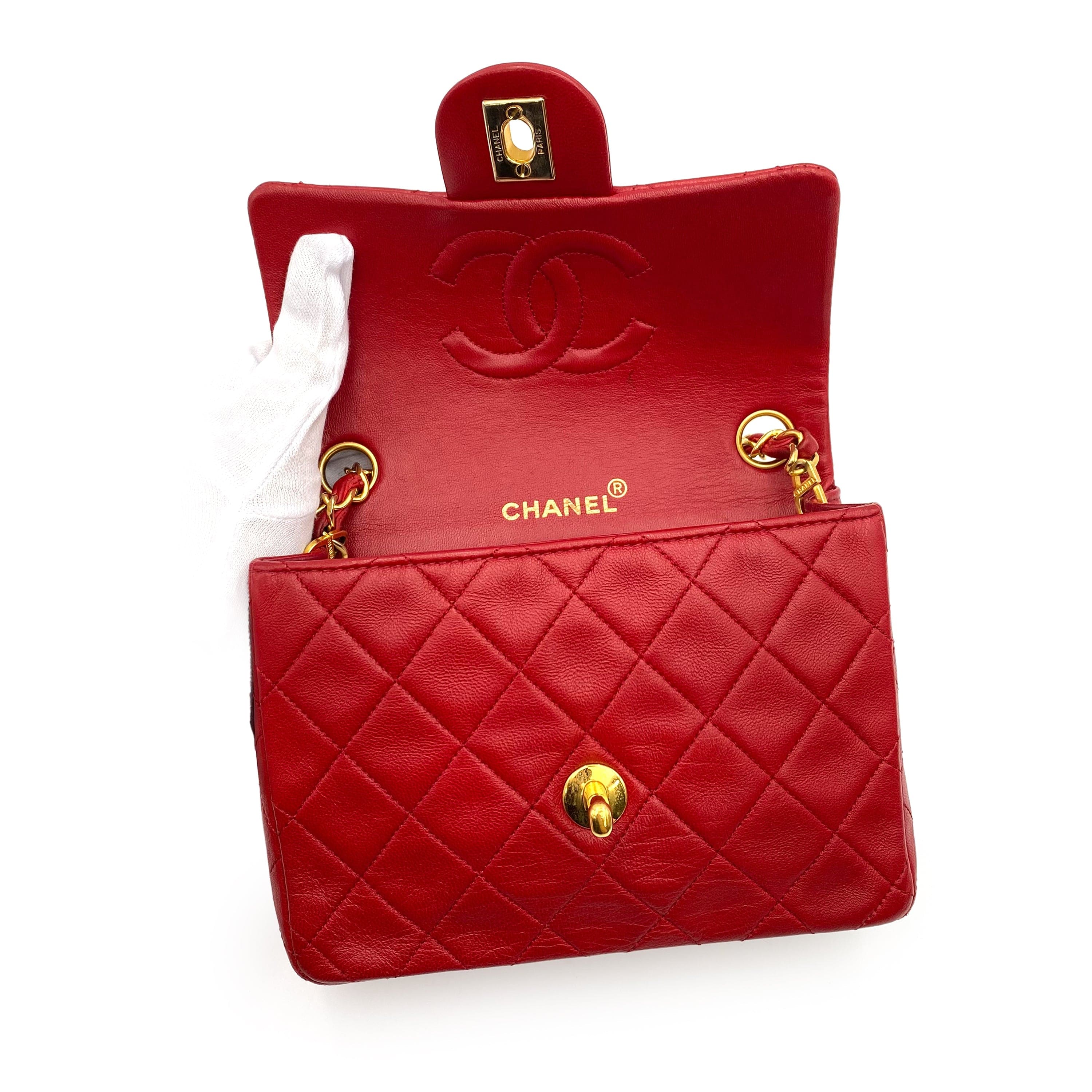 Chanel CHANEL VINTAGE MINI SQUARE 17 CHAIN SHOULDER BAG RED LAMB SKIN 90235916