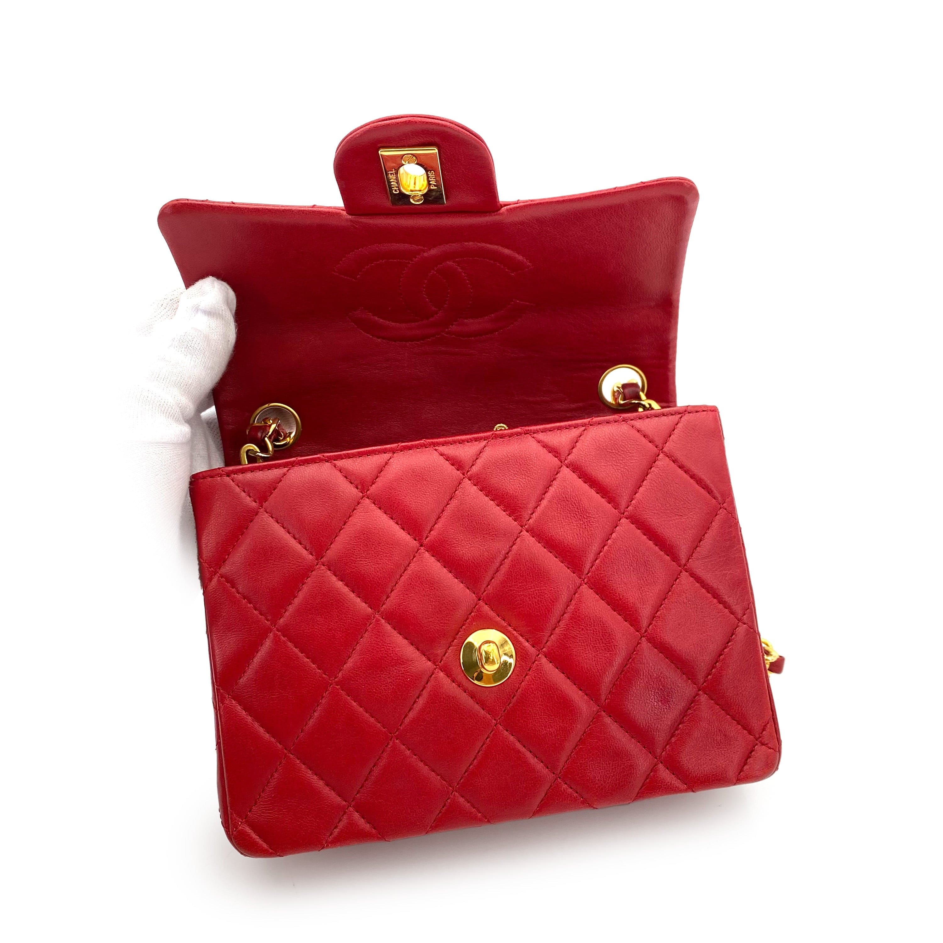 Chanel CHANEL VINTAGE MINI SQUARE 17 CHAIN SHOULDER BAG RED LAMB SKIN 90237380