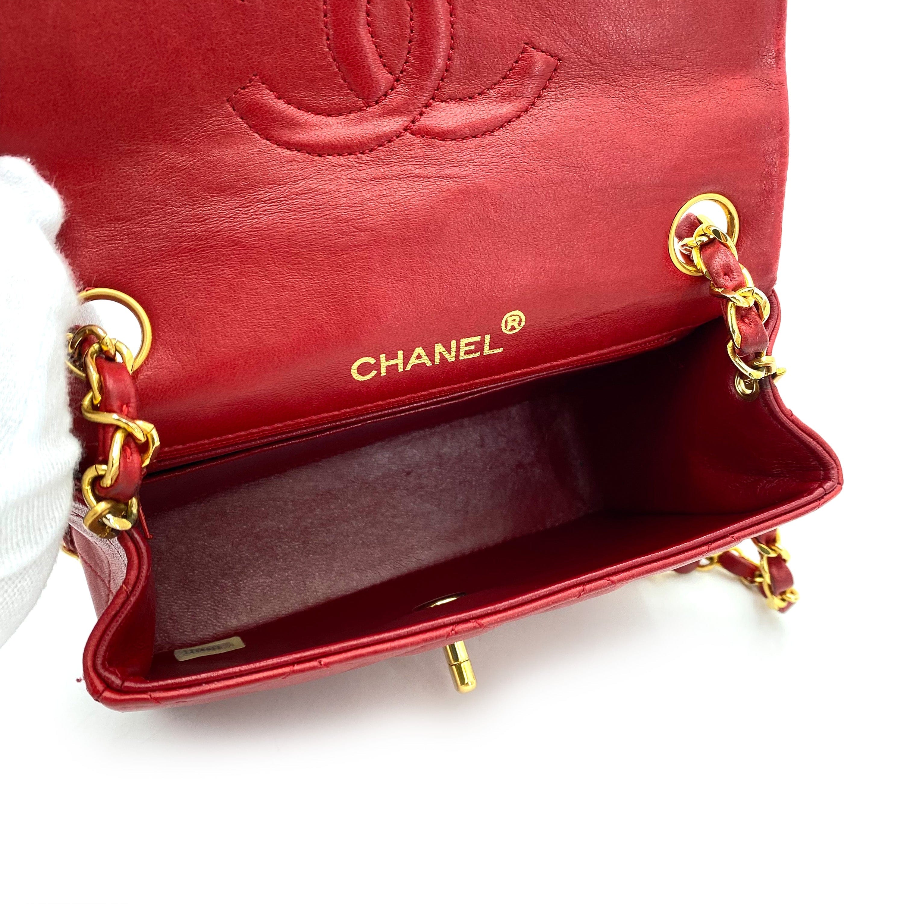 Chanel CHANEL VINTAGE MINI SQUARE 17 CHAIN SHOULDER BAG RED LAMB SKIN 90237380