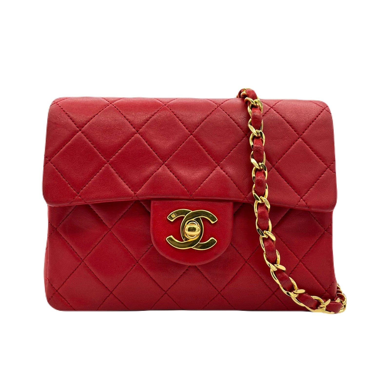 Chanel CHANEL VINTAGE MINI SQUARE 17 CHAIN SHOULDER BAG RED LAMB SKIN LP220378