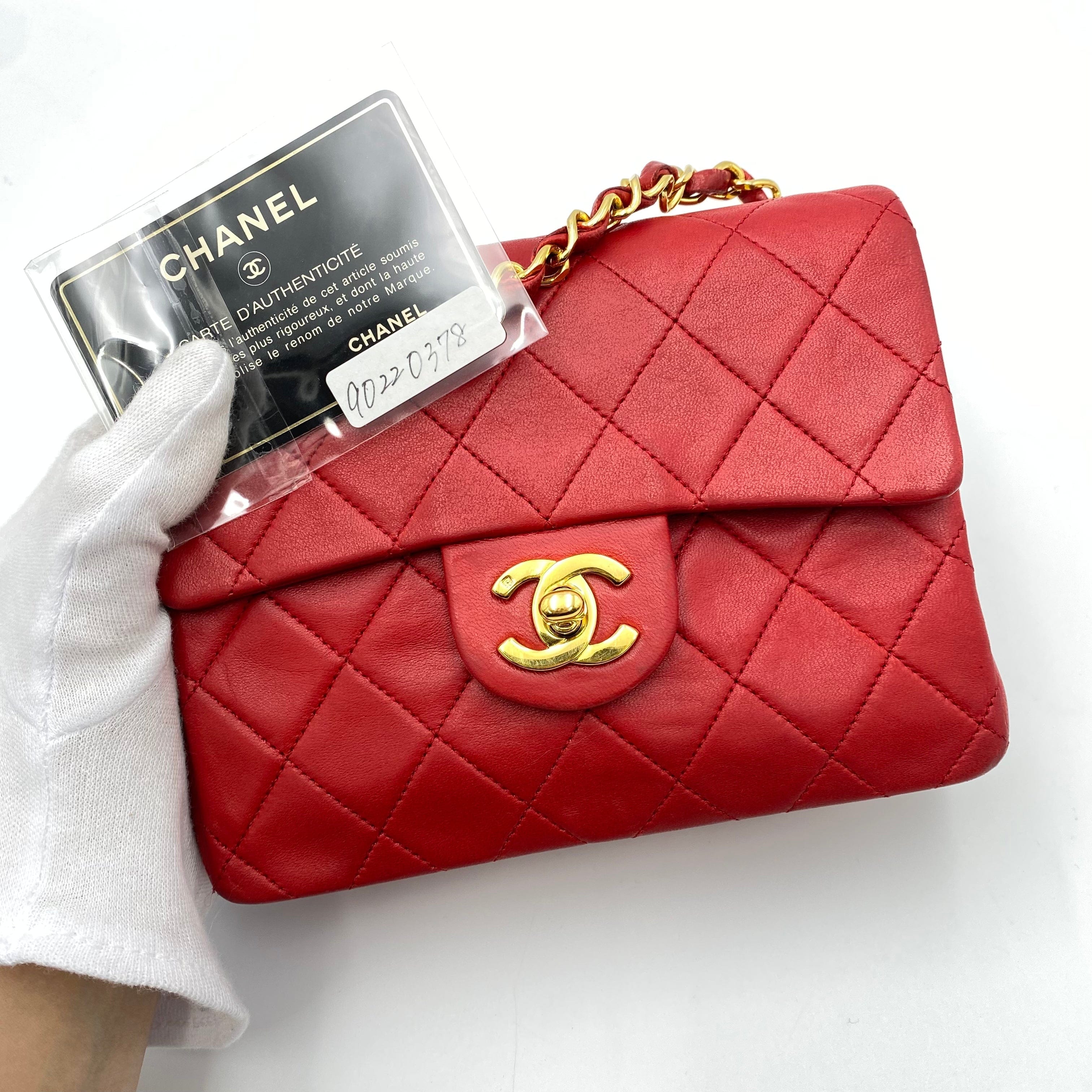 Chanel CHANEL VINTAGE MINI SQUARE 17 CHAIN SHOULDER BAG RED LAMB SKIN LP220378