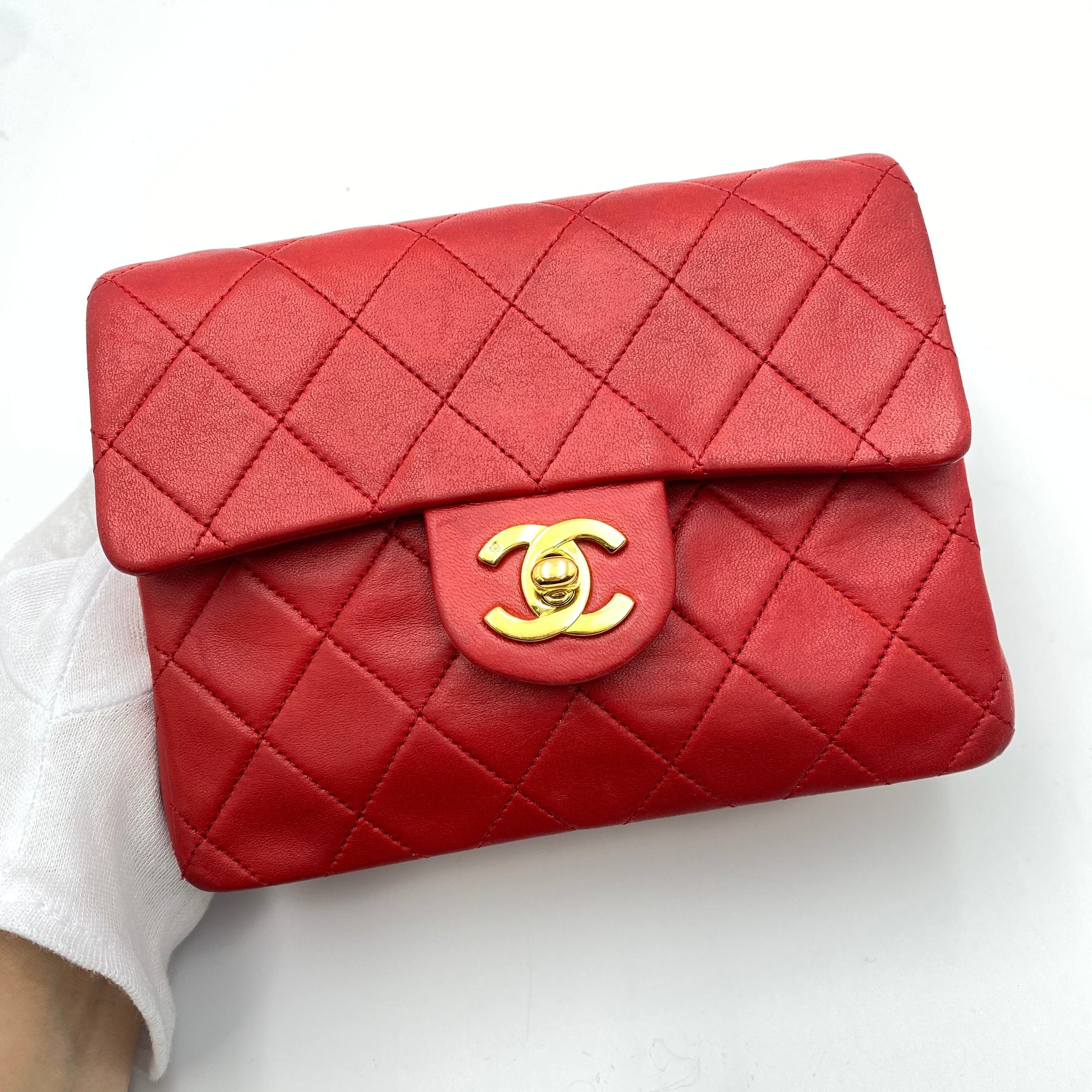 Chanel CHANEL VINTAGE MINI SQUARE 17 CHAIN SHOULDER BAG RED LAMB SKIN LP220378