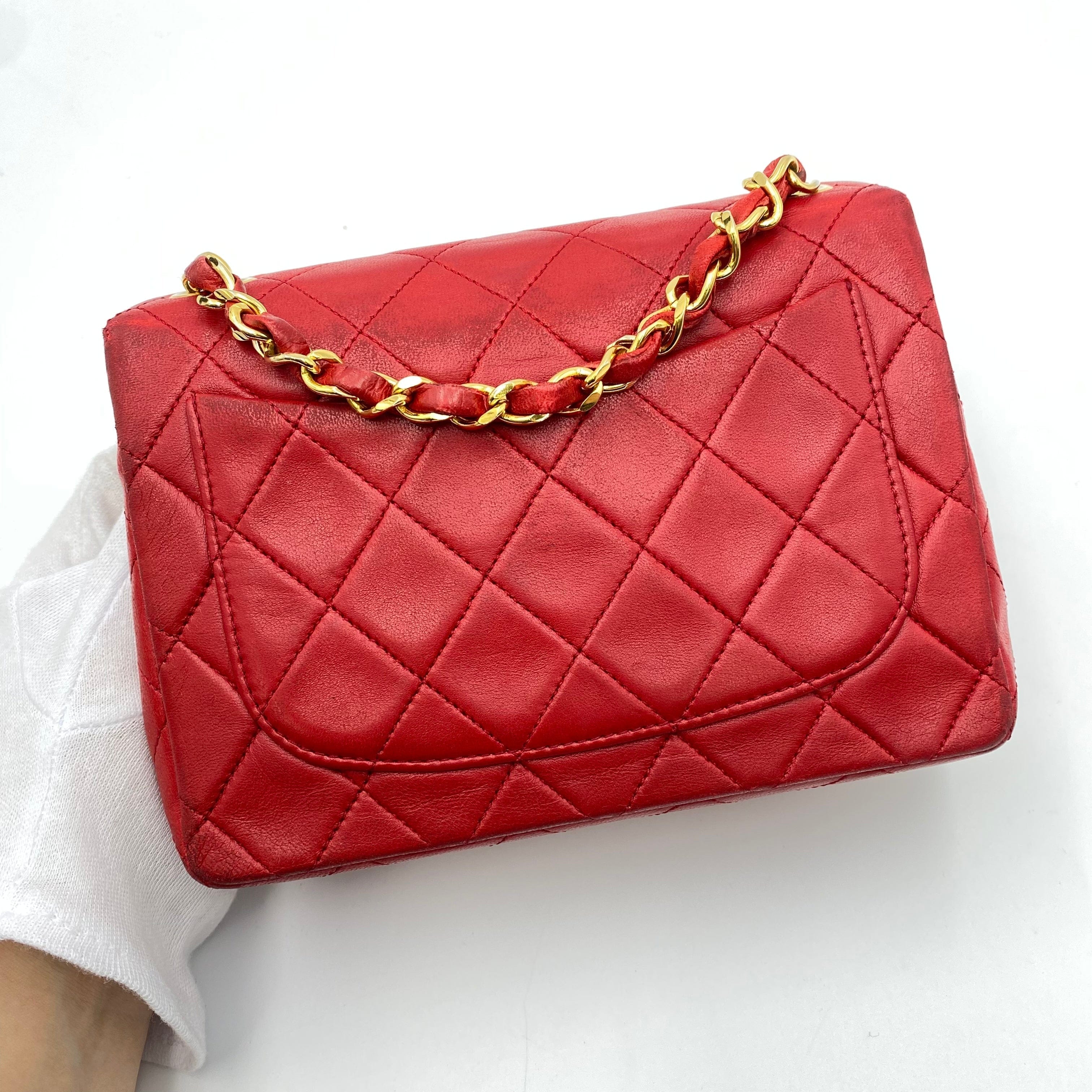 Chanel CHANEL VINTAGE MINI SQUARE 17 CHAIN SHOULDER BAG RED LAMB SKIN LP220378