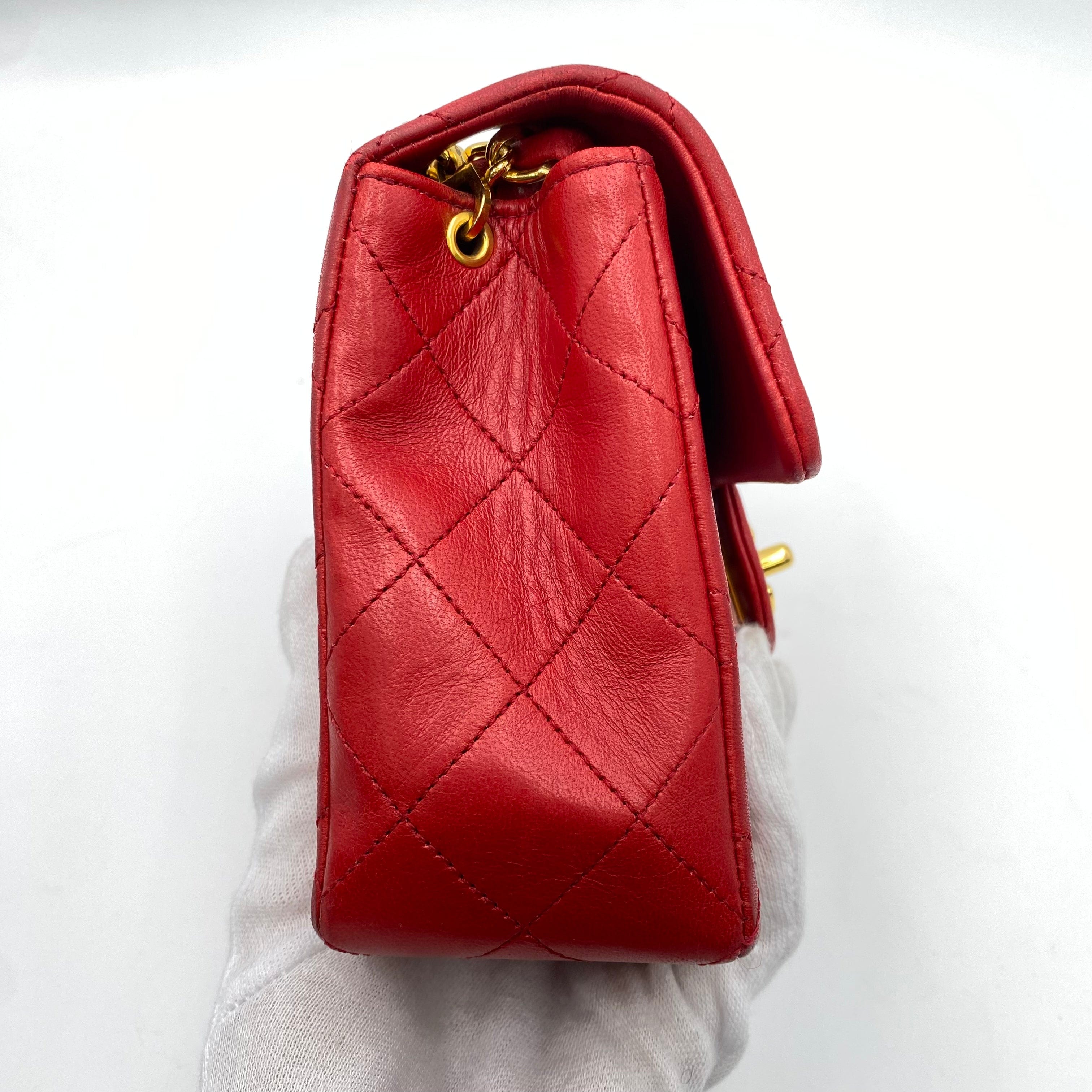 Chanel CHANEL VINTAGE MINI SQUARE 17 CHAIN SHOULDER BAG RED LAMB SKIN LP220378