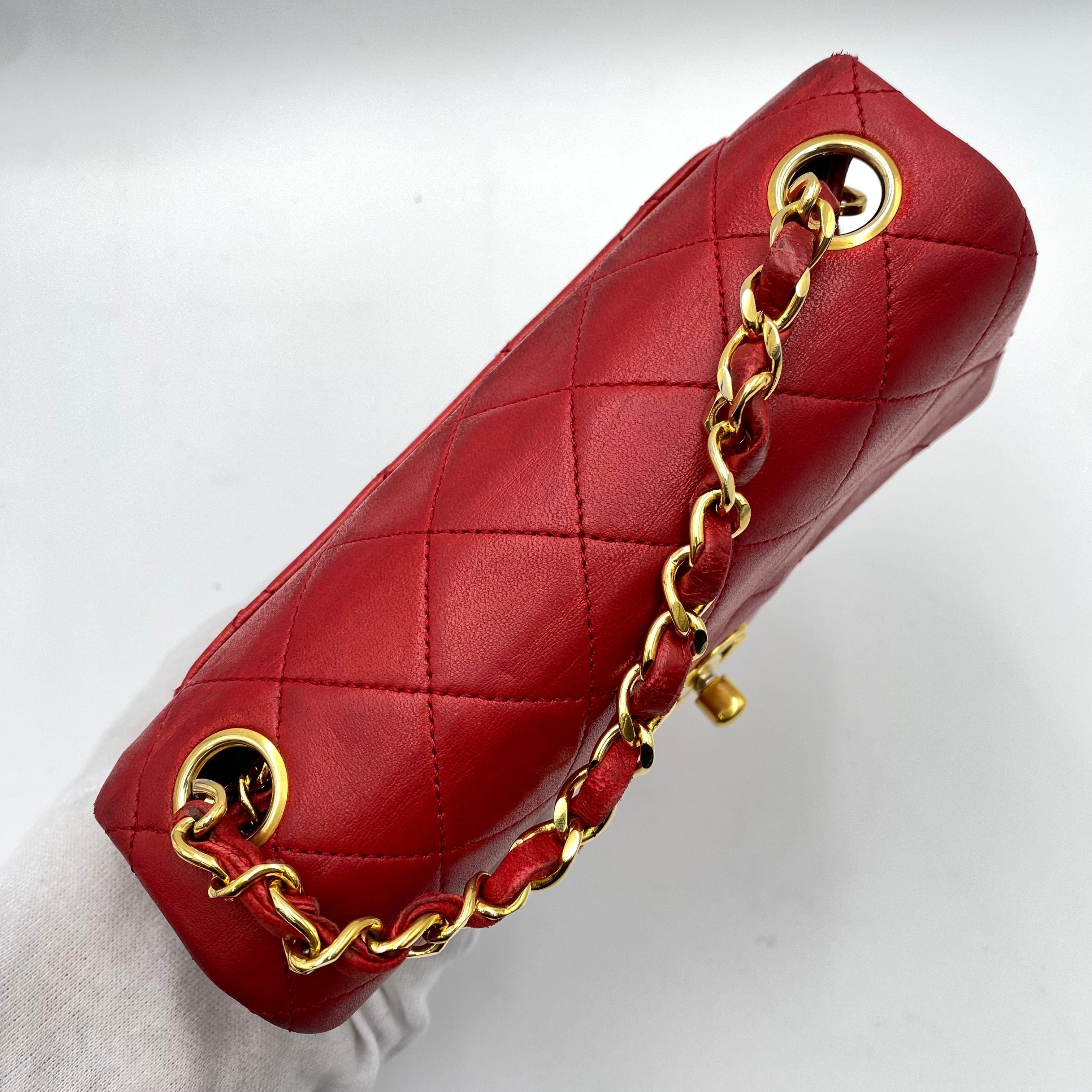 Chanel CHANEL VINTAGE MINI SQUARE 17 CHAIN SHOULDER BAG RED LAMB SKIN LP220378