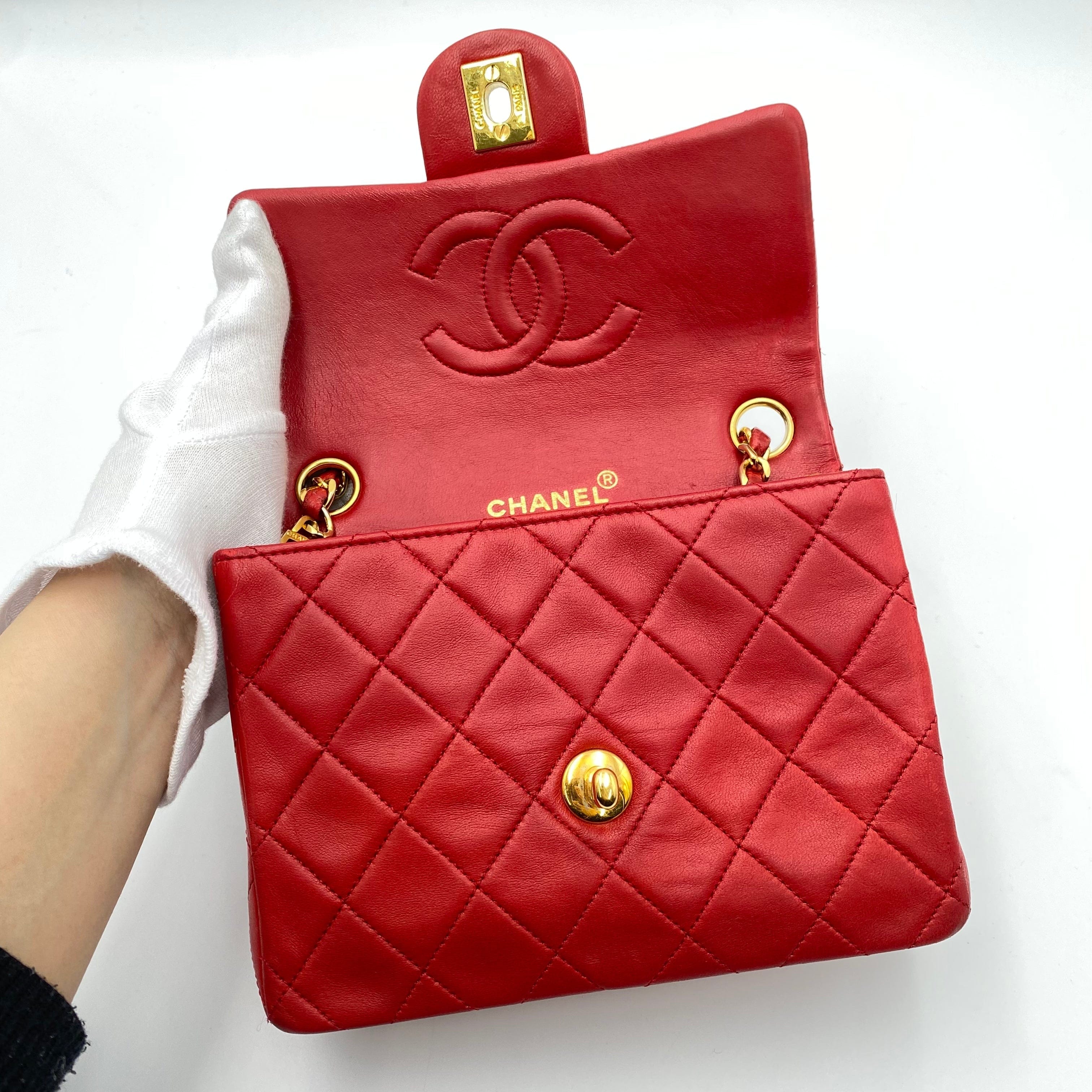 Chanel CHANEL VINTAGE MINI SQUARE 17 CHAIN SHOULDER BAG RED LAMB SKIN LP220378