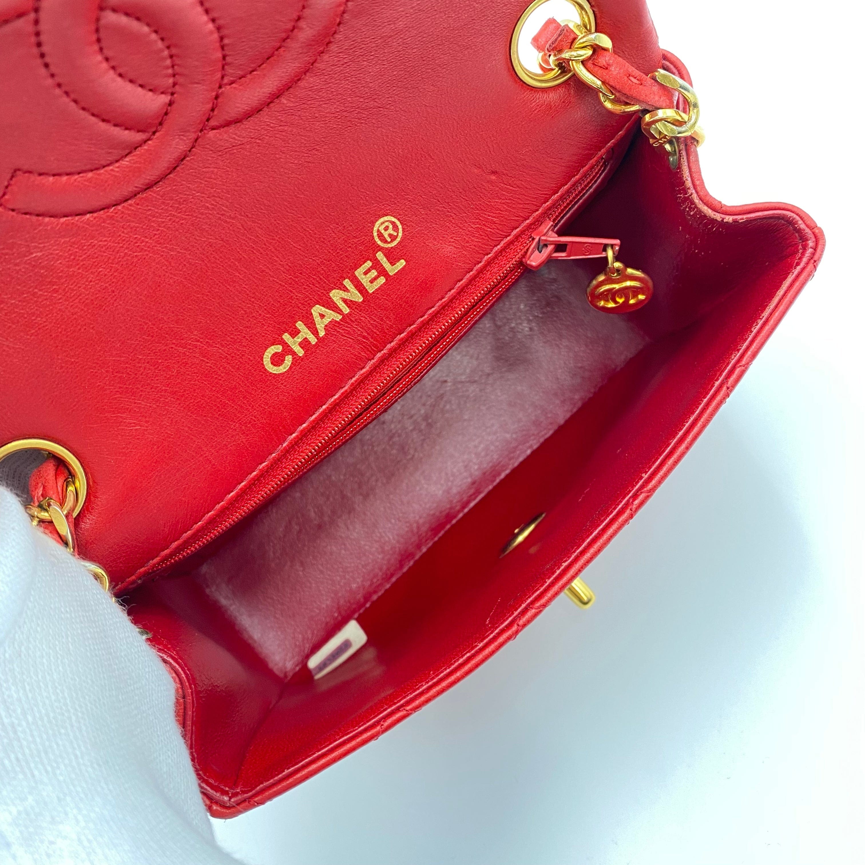 Chanel CHANEL VINTAGE MINI SQUARE 17 CHAIN SHOULDER BAG RED LAMB SKIN LP220378