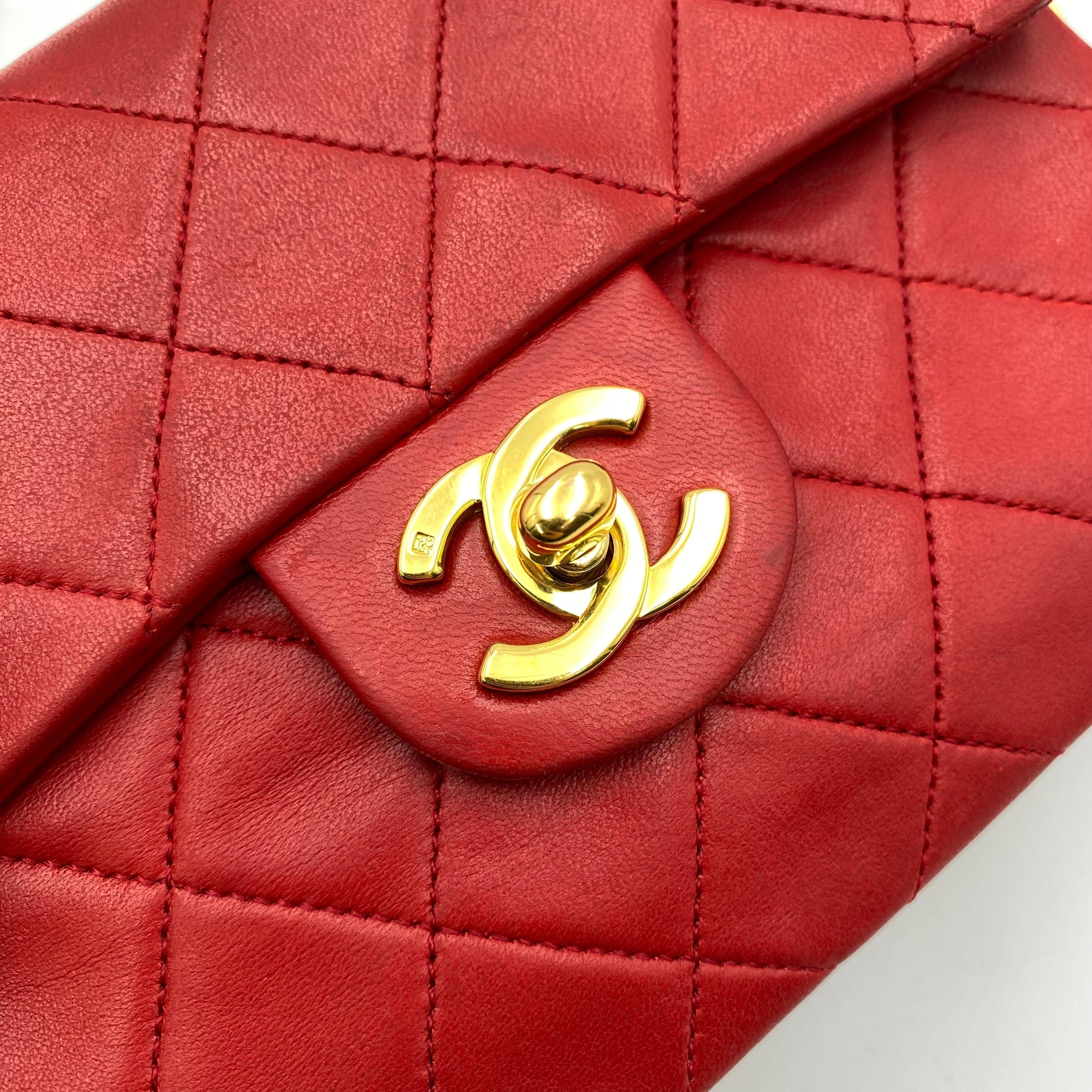 Chanel CHANEL VINTAGE MINI SQUARE 17 CHAIN SHOULDER BAG RED LAMB SKIN LP220378