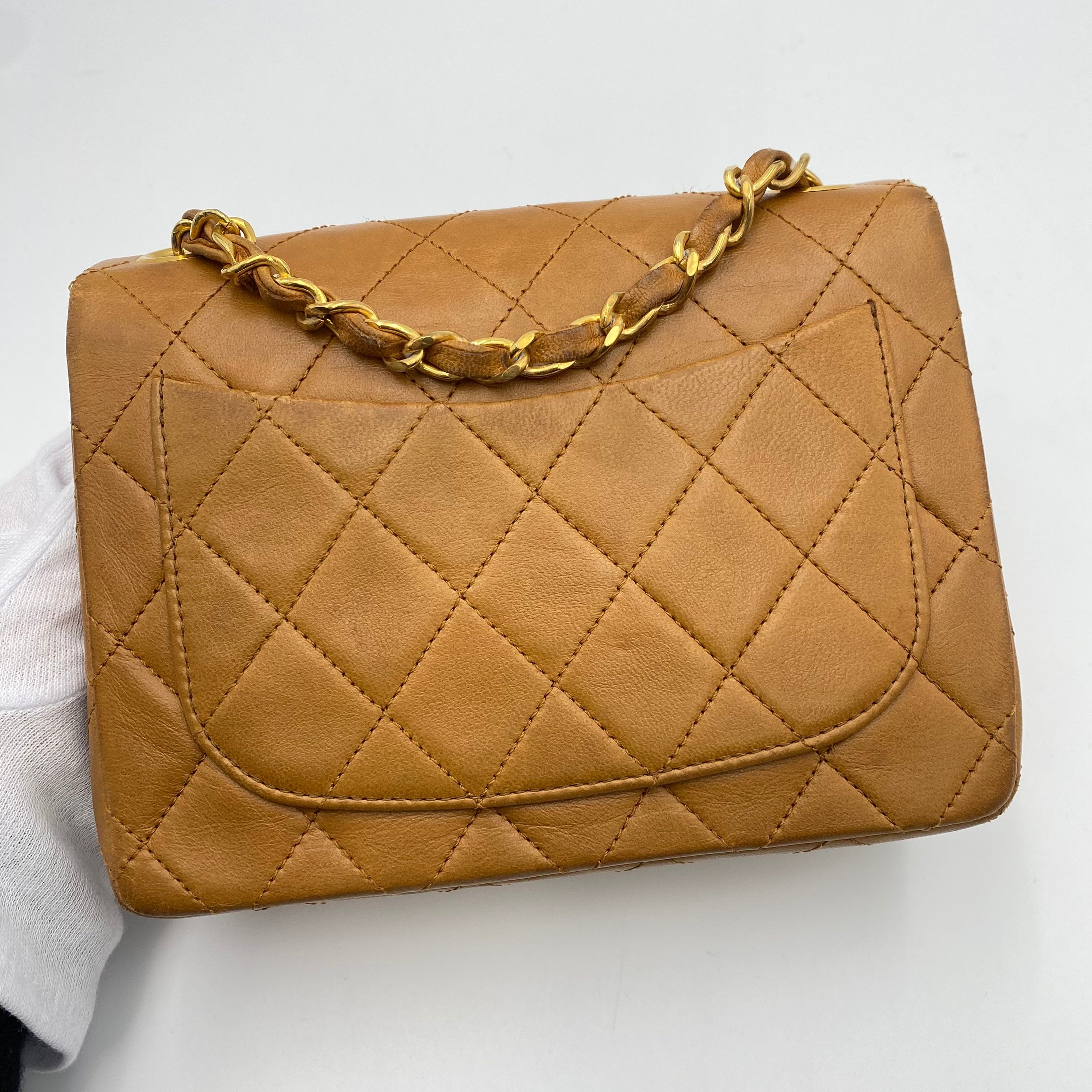 Chanel CHANEL VINTAGE MINI SQUARE CLASSIC FLAP CAMEL LAMBSKIN 90199582