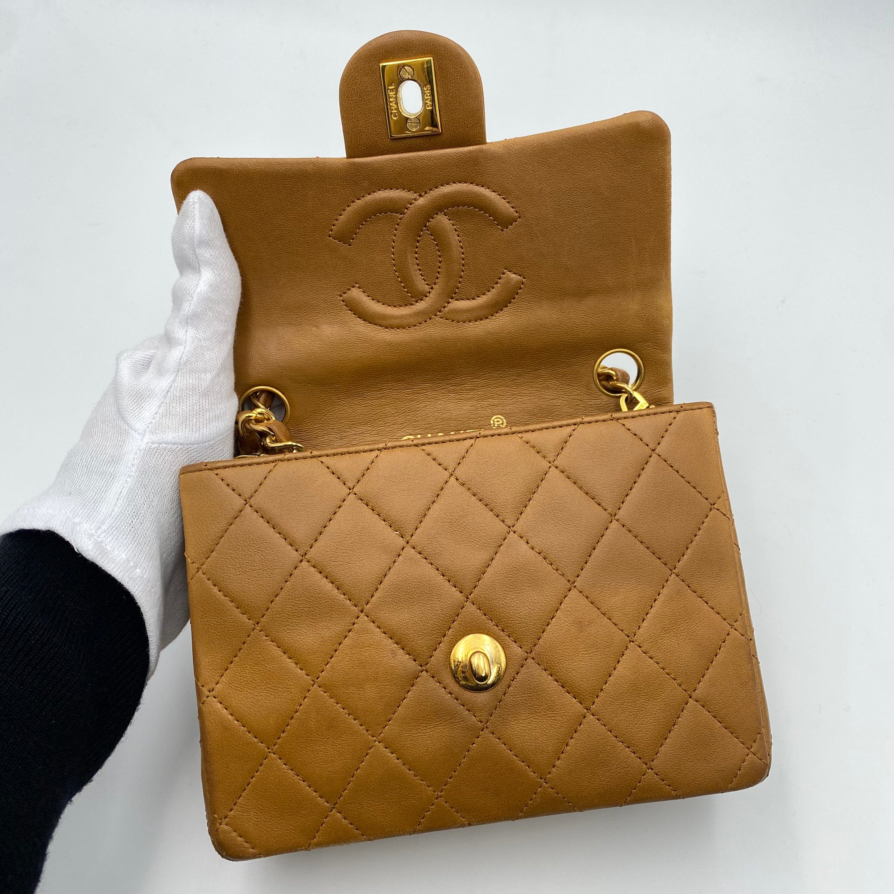 Chanel CHANEL VINTAGE MINI SQUARE CLASSIC FLAP CAMEL LAMBSKIN 90199582