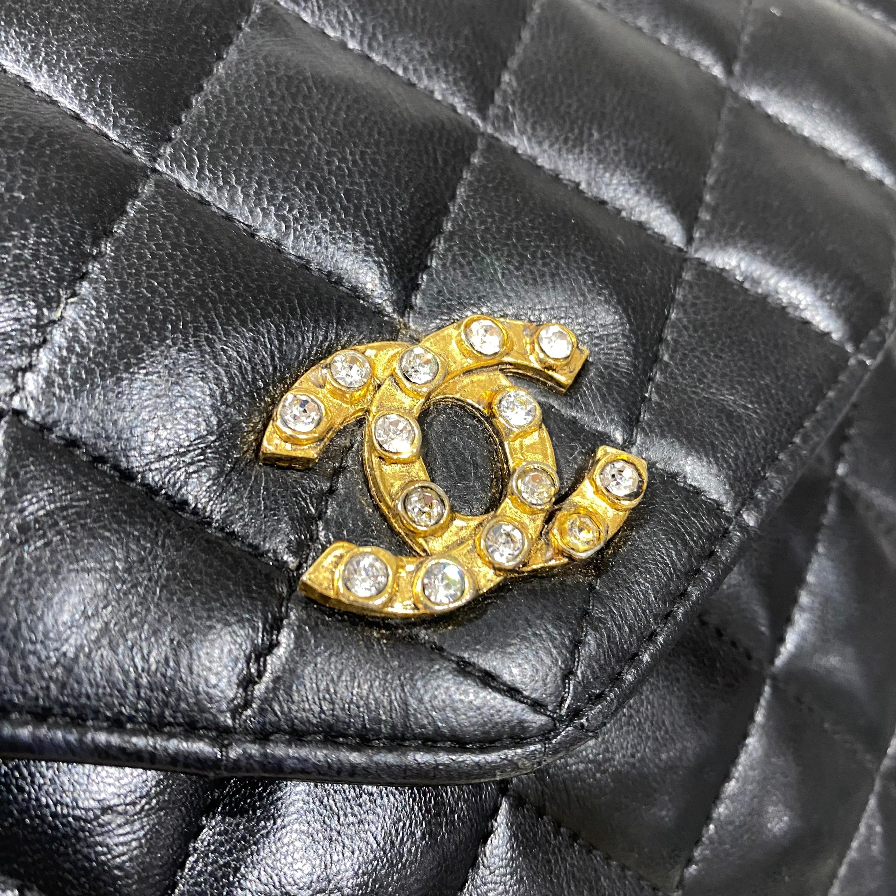 Chanel CHANEL VINTAGE RHINESTONE CHAIN SHOULDER BLACK LAMB SKIN 90195637