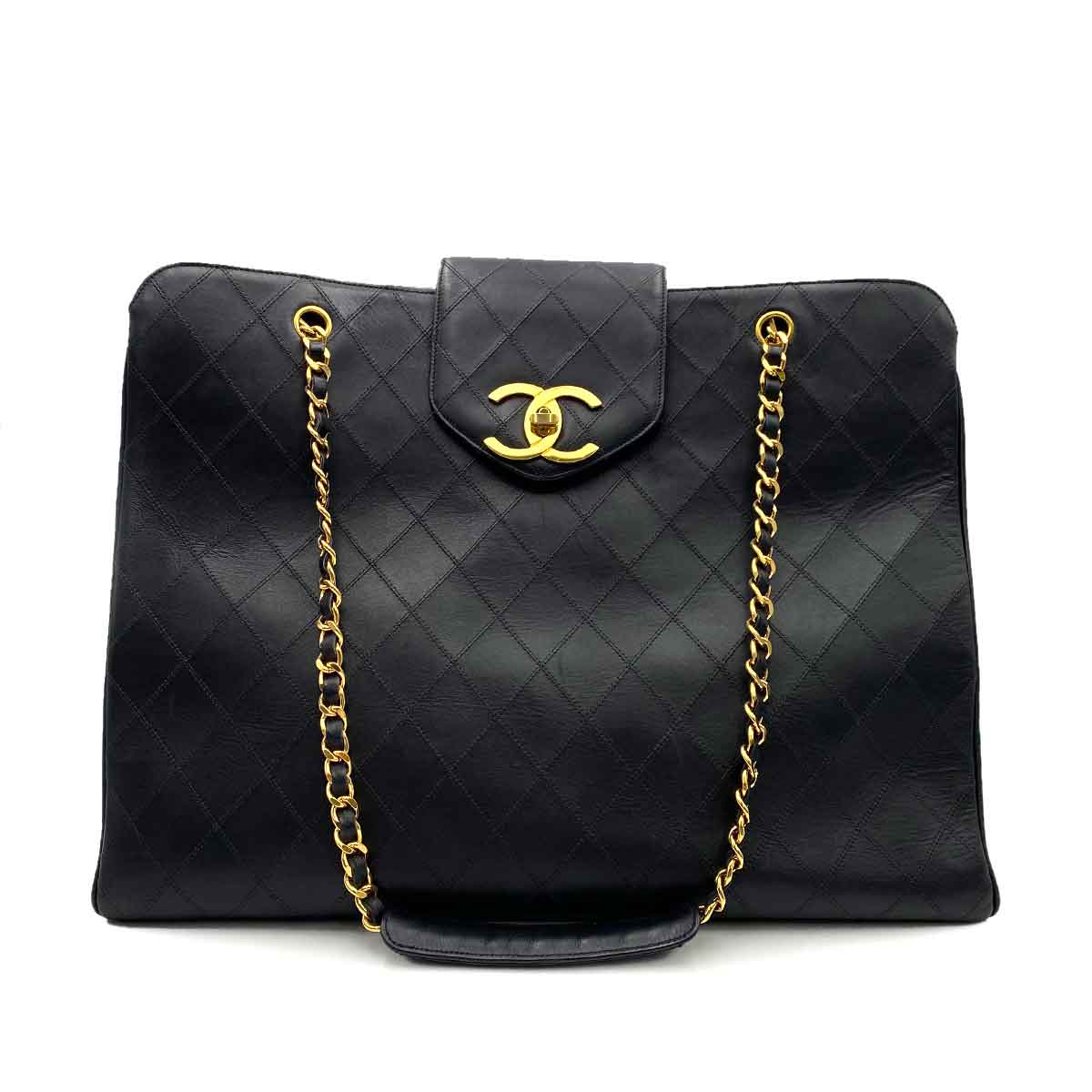 CHANEL CHANEL VINTAGE SUPER MODEL CHAIN TOTE BAG BLACK LAMB SKIN 90237401