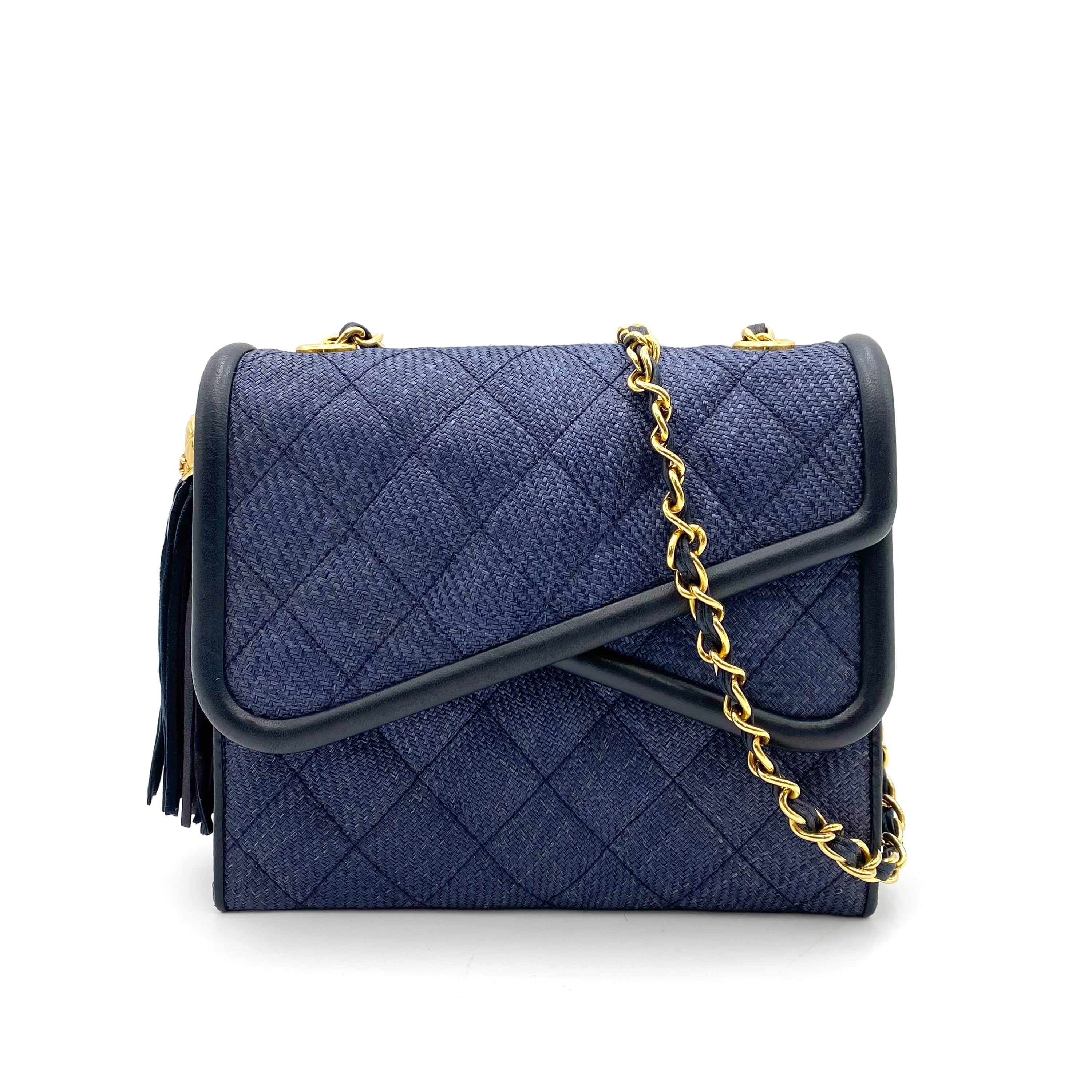 Chanel Chanel Vintage Tassle CHAIN SHOULDER BAG Blue STRAW 90235857