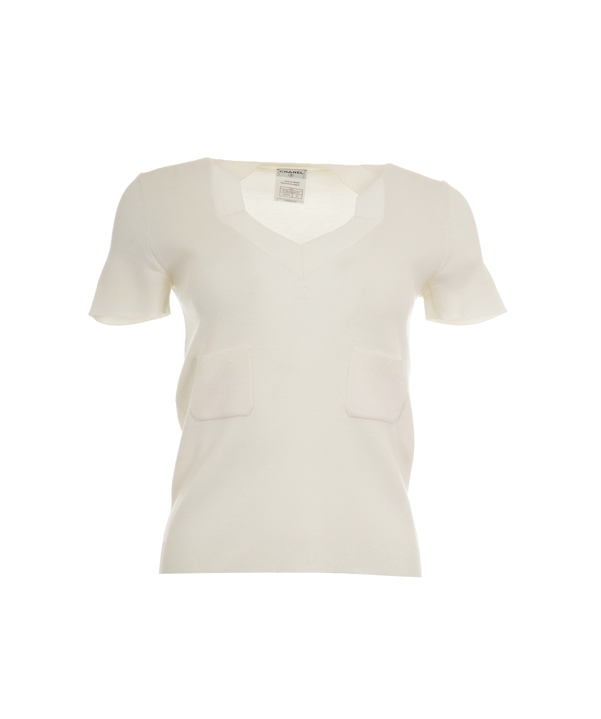 Chanel Chanel 06A CC V Neck Knit Top Cream ASL8242