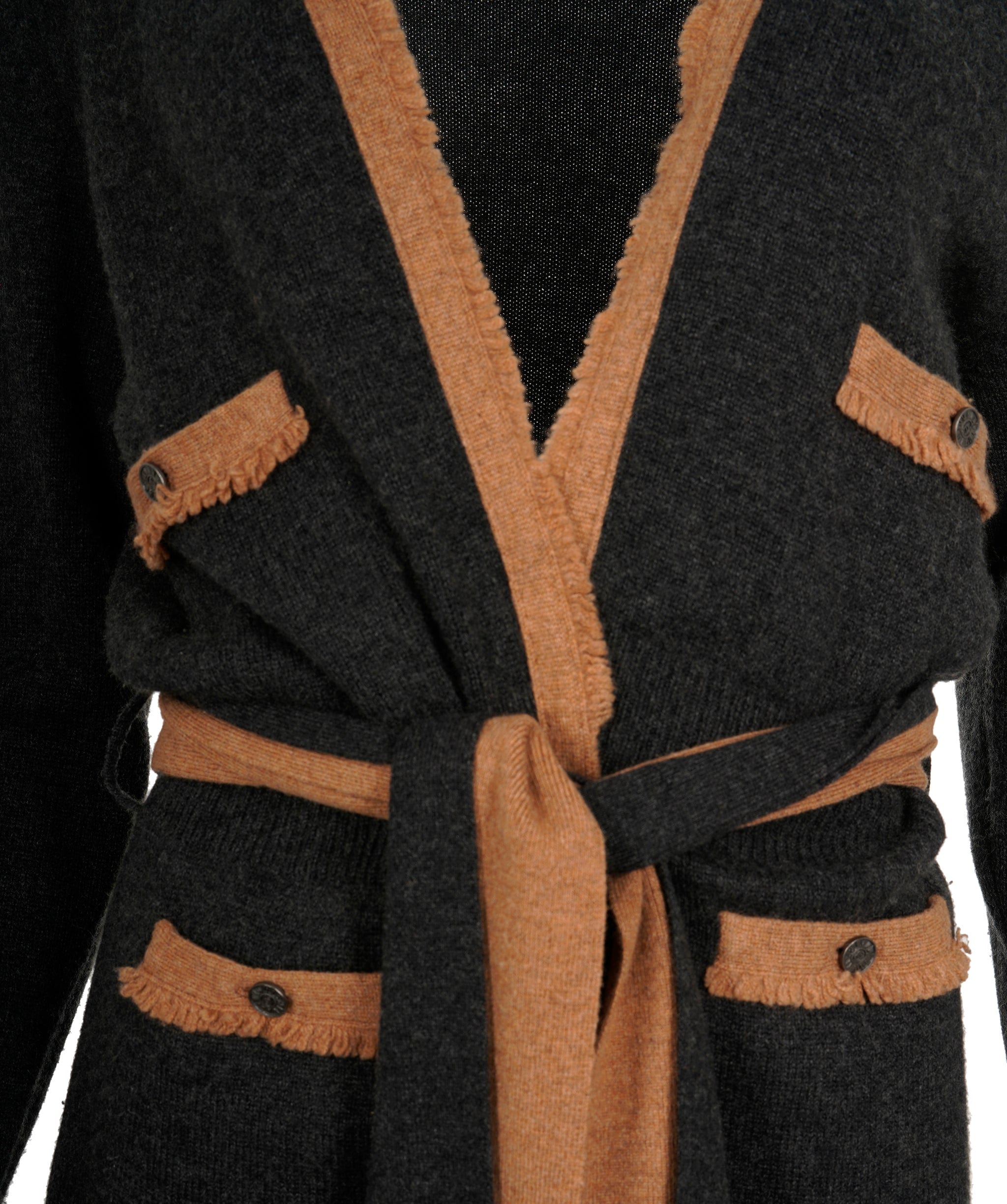 Chanel Chanel A/06 Charcoal Long Line Belted Cardigan with Tan Trim Detail FR 42 (UK 14) ASL9731