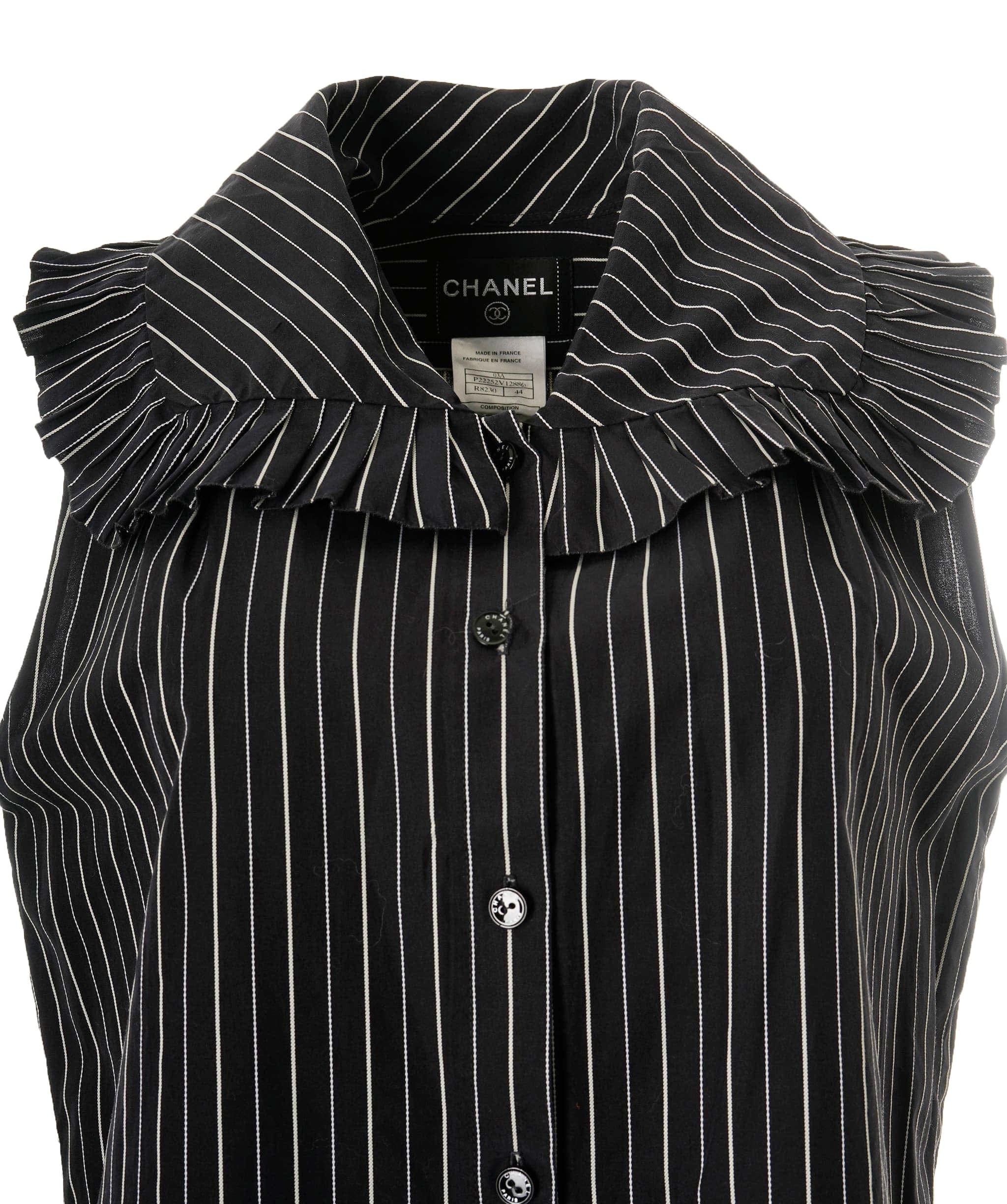 Chanel Chanel Black and White Striped Sleeveless Shirt With Peterpan Collar FR44/UK16 ASL9339