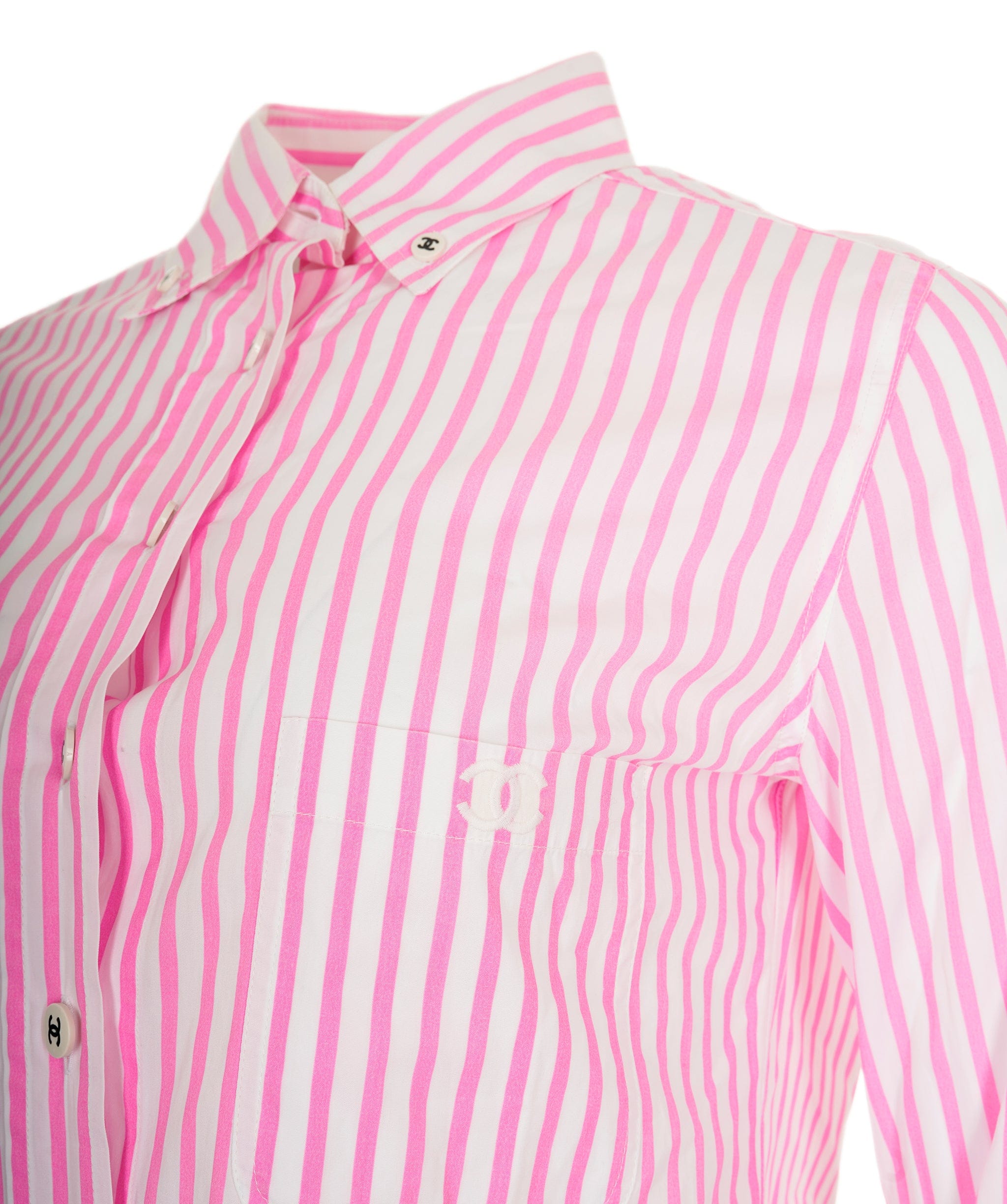 Chanel Chanel CC Buttons Stripe Shirt Pink ASL9064