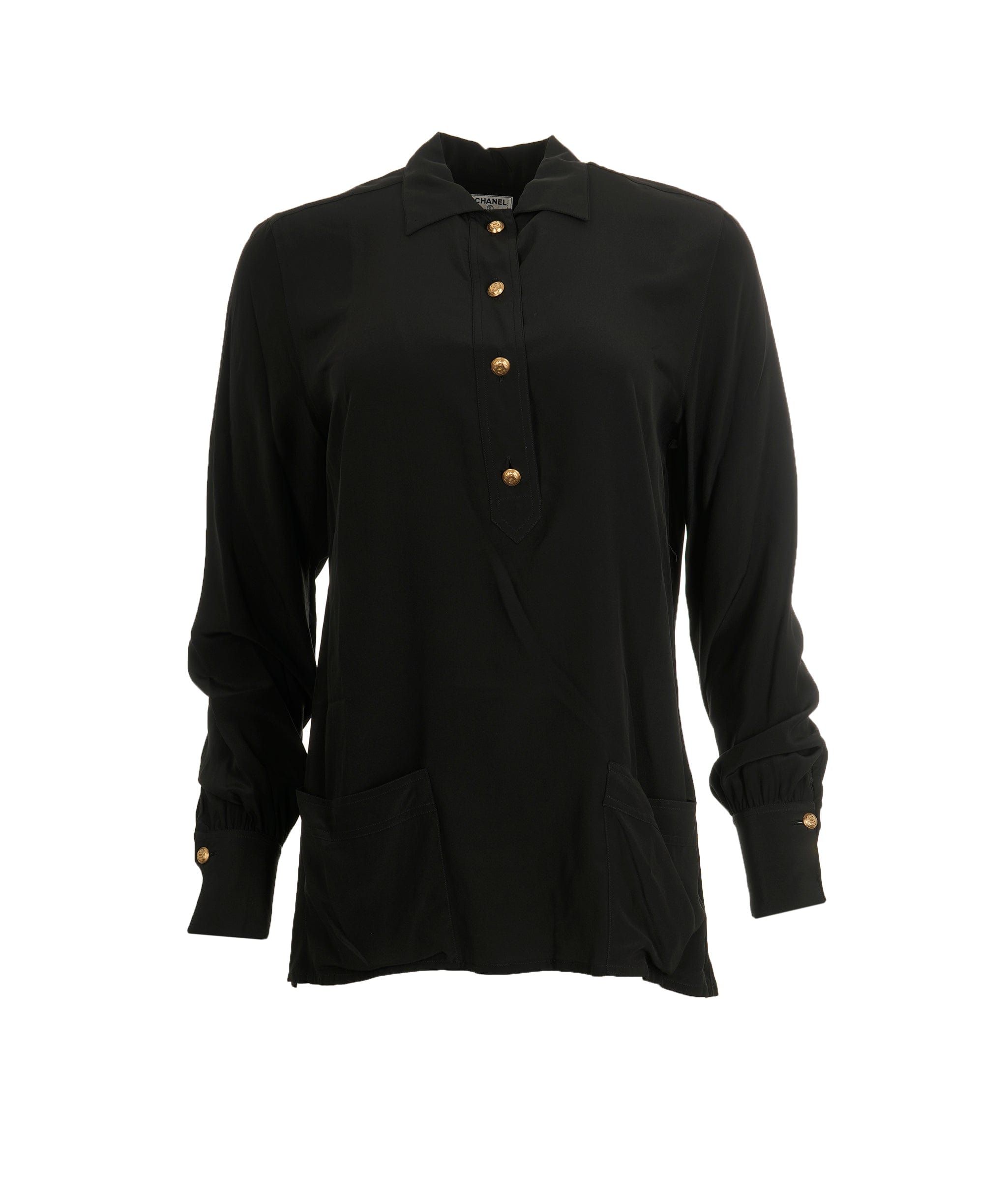 Chanel Chanel Gold Button Pullover SIlk Shirt Black ASL9147