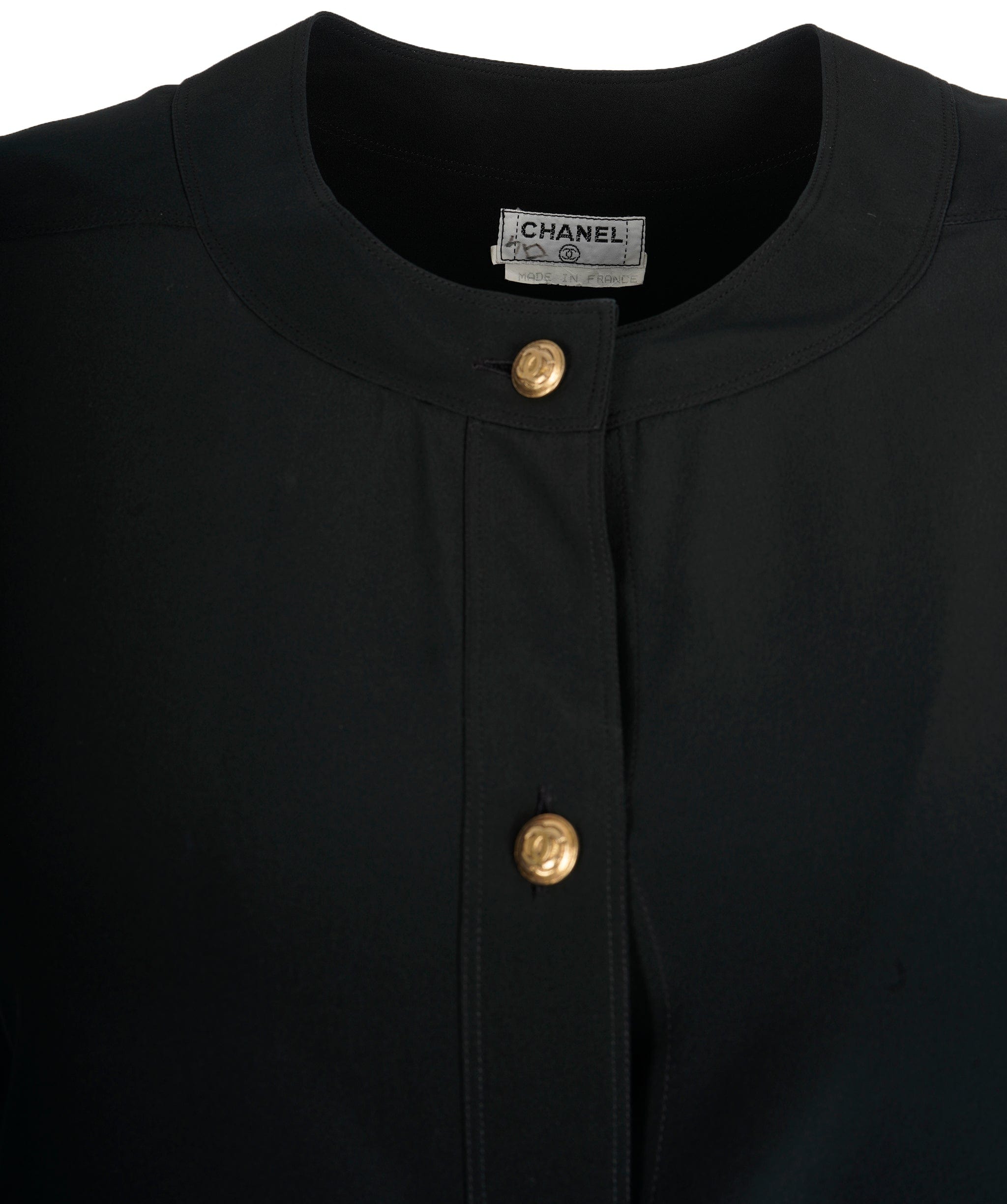 Chanel Chanel Gold Buttons Silk Shirt Black Collarless ASL9938