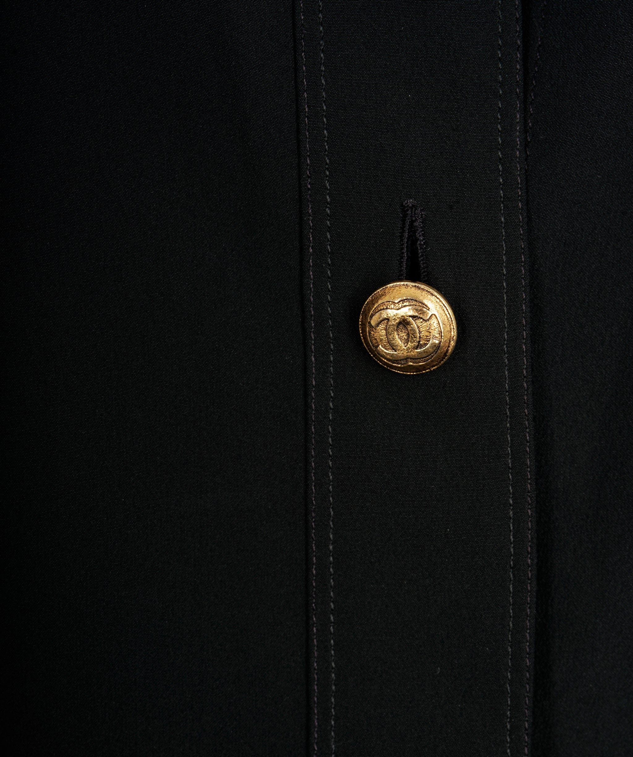 Chanel Chanel Gold Buttons Silk Shirt Black Collarless ASL9938