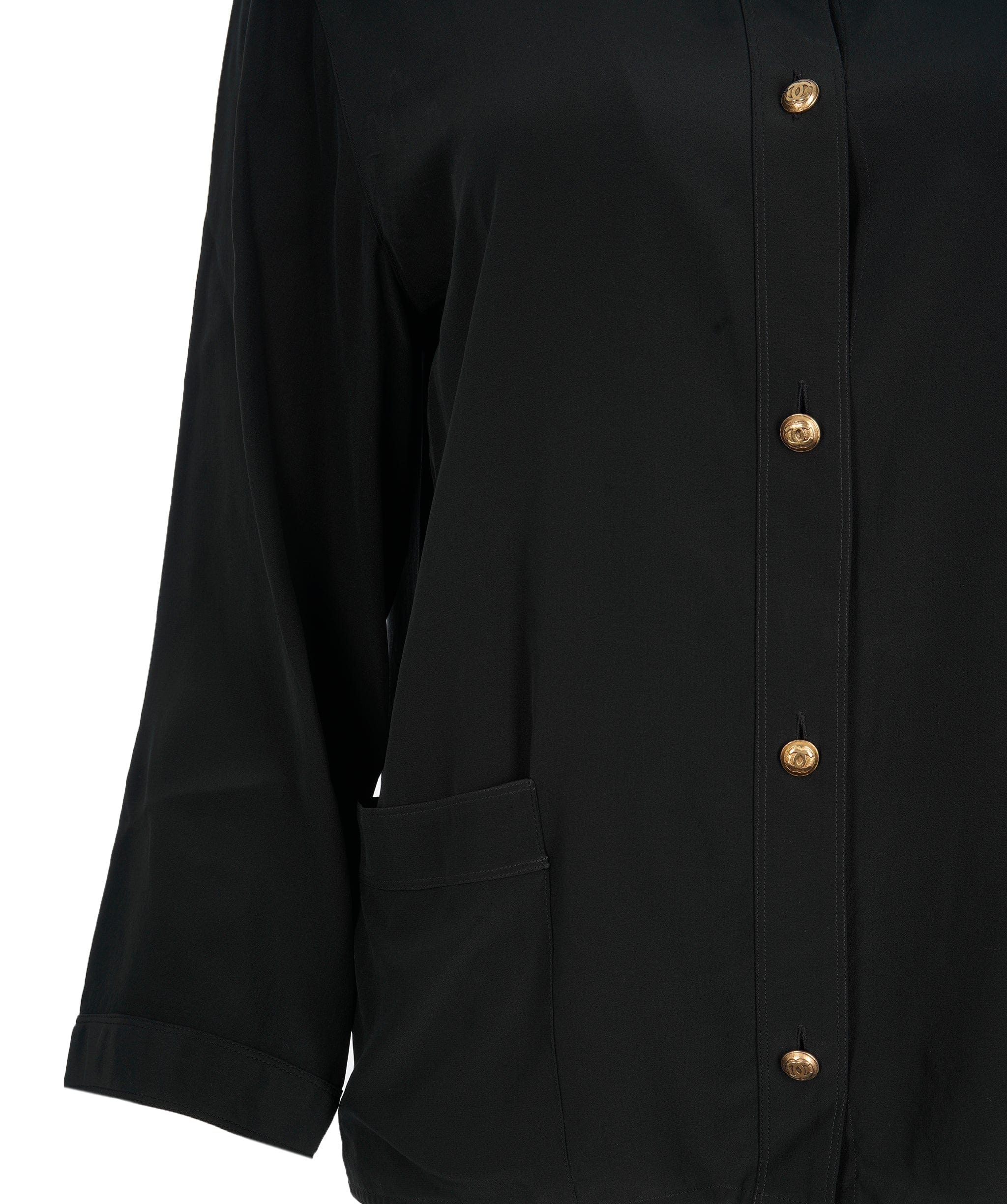 Chanel Chanel Gold Buttons Silk Shirt Black Collarless ASL9938