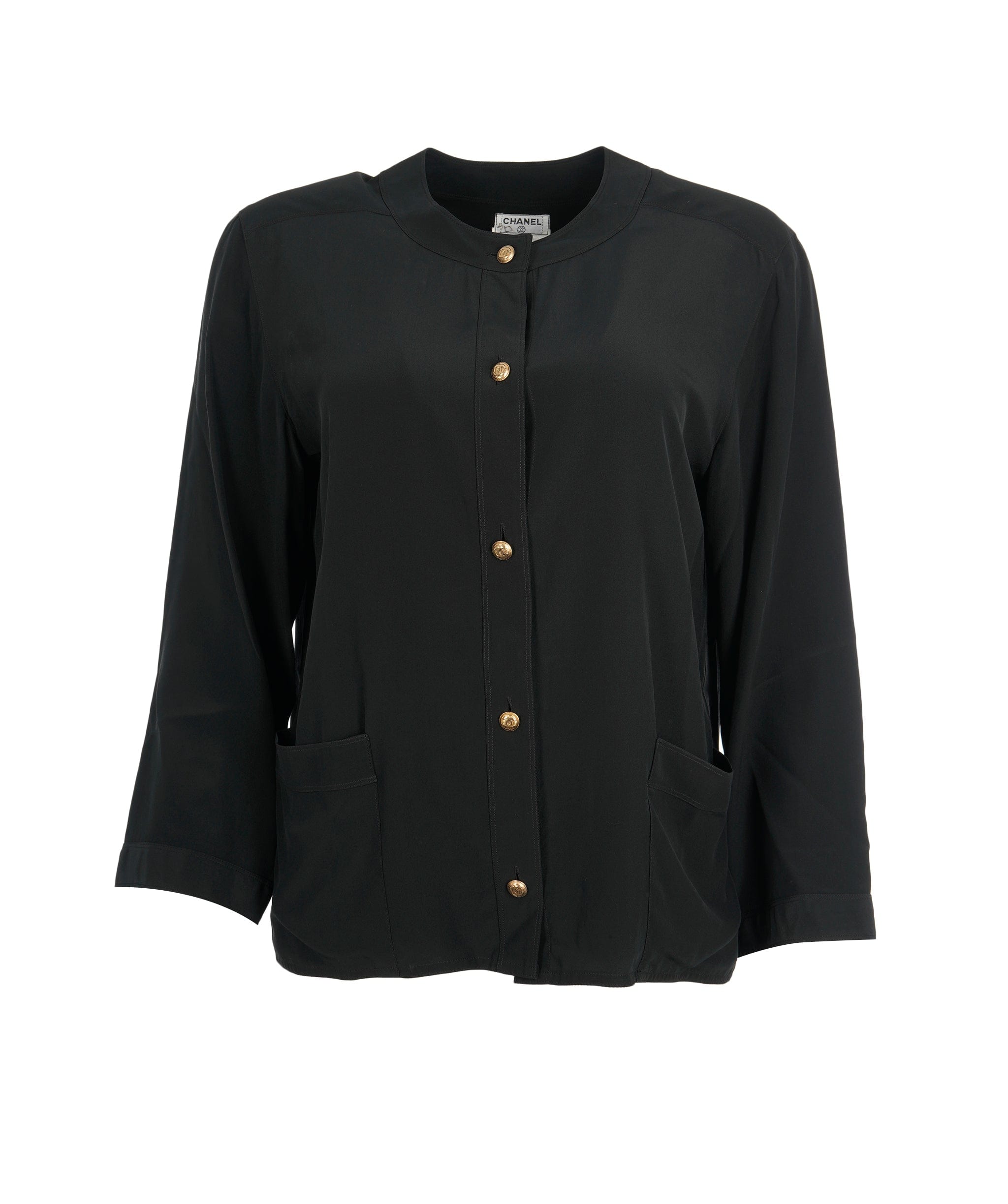 Chanel Chanel Gold Buttons Silk Shirt Black Collarless ASL9938