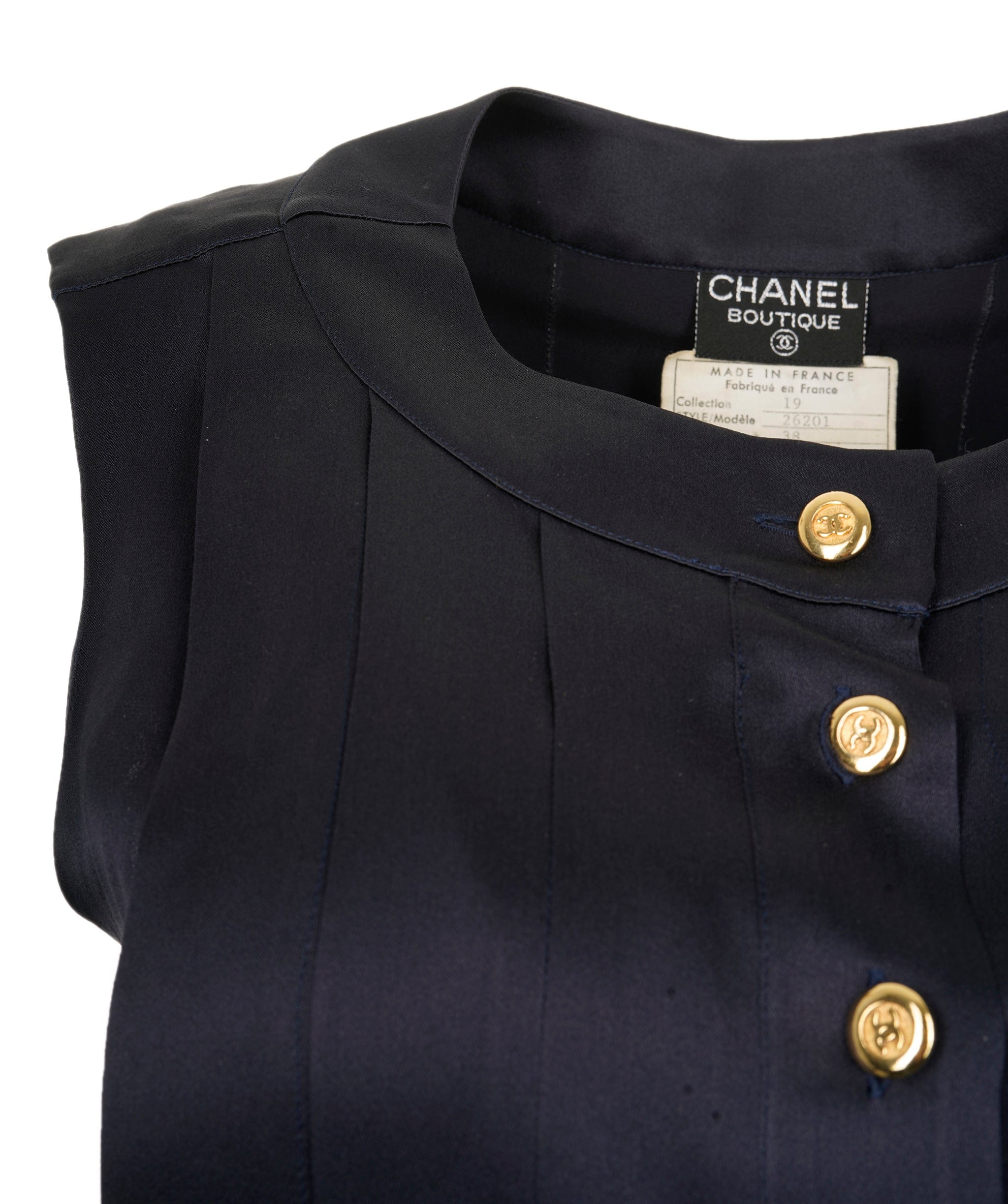 Chanel Chanel Gold CC Buttons Silk Shirt Sleeveless Navy ASL4947