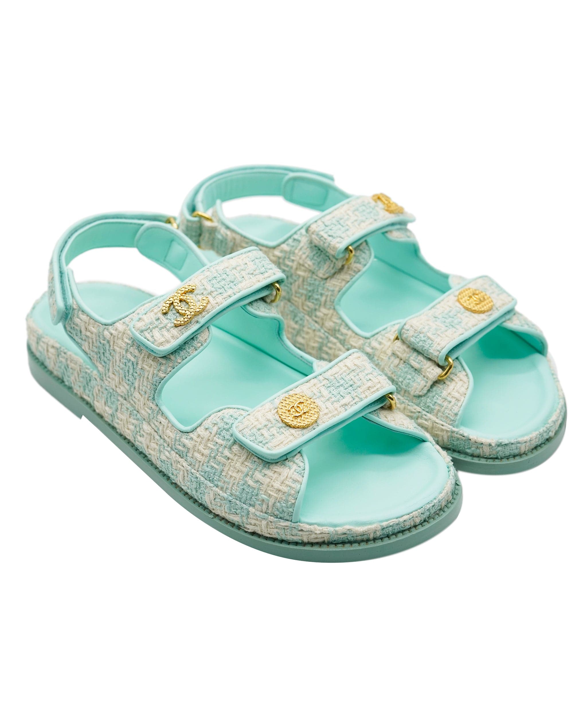 Chanel Chanel Limited Edition Tiffany Blue Tweed Dad Sandals 39  ALL0417