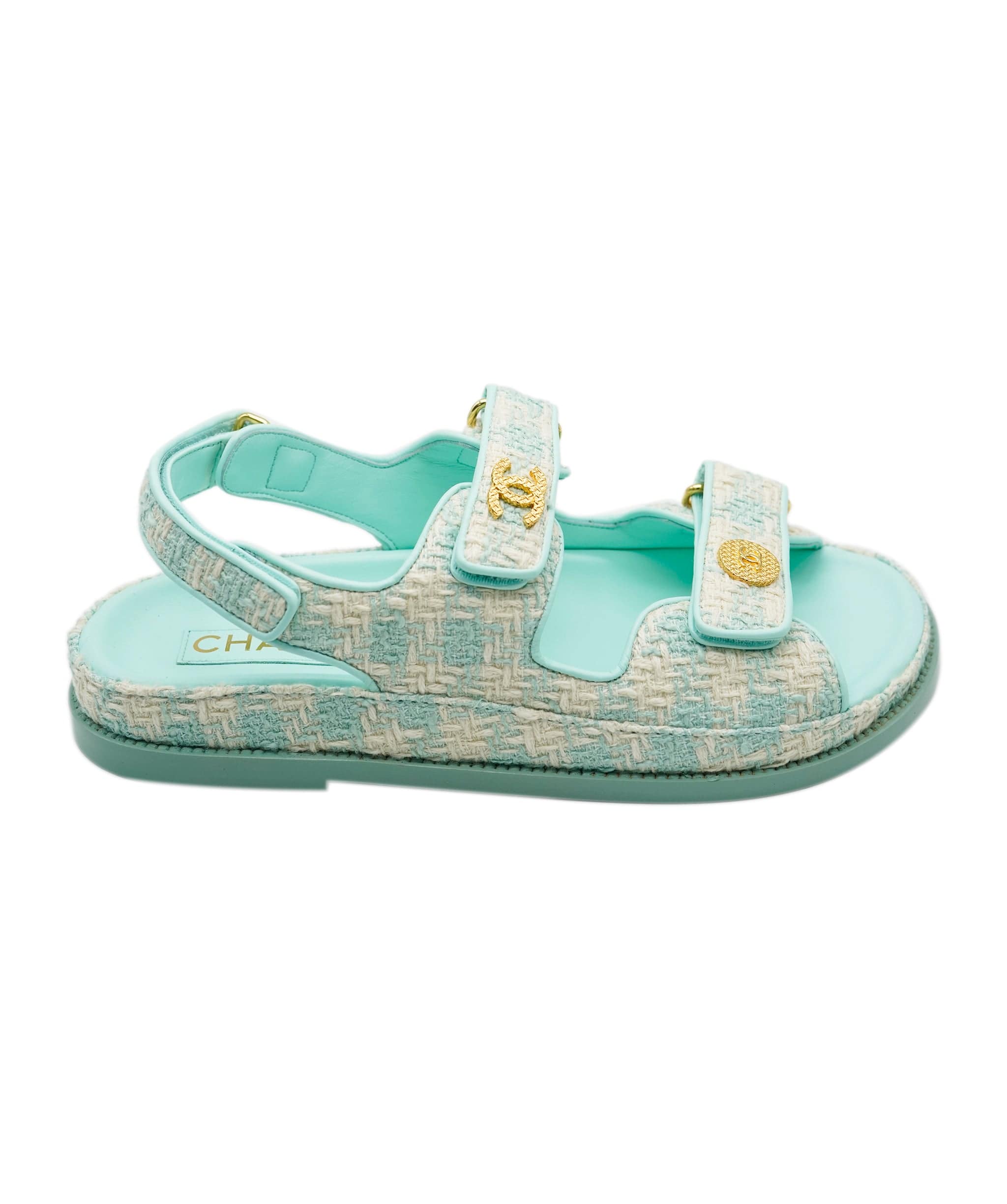 Chanel Chanel Limited Edition Tiffany Blue Tweed Dad Sandals 39  ALL0417