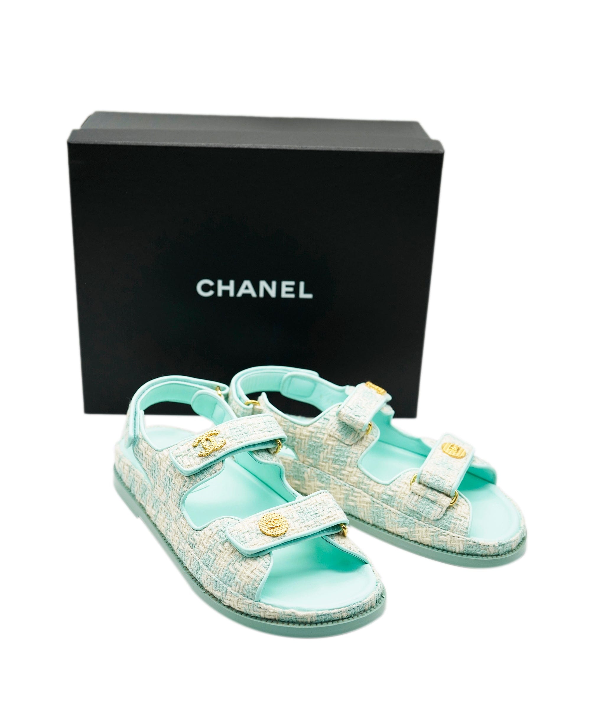 Chanel Chanel Limited Edition Tiffany Blue Tweed Dad Sandals 39  ALL0417