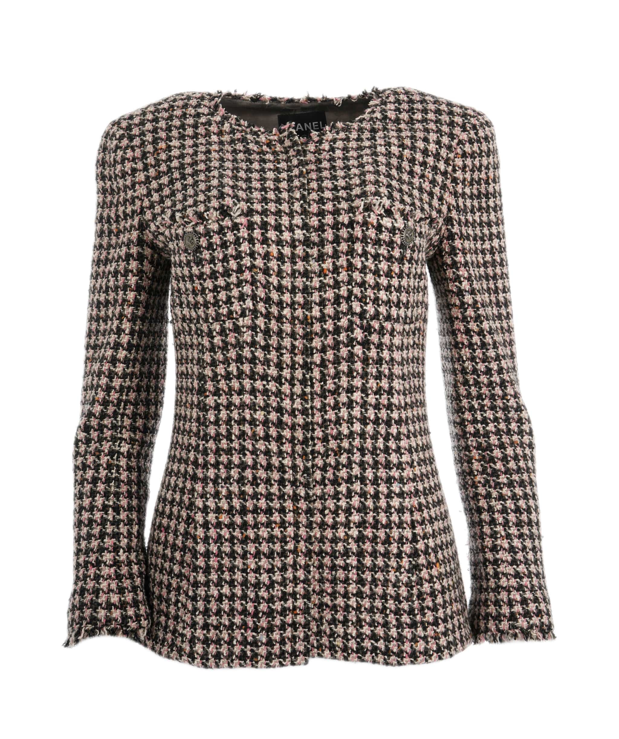 Chanel Chanel pink/brown houndstooth tweed zip jacket UKC1151