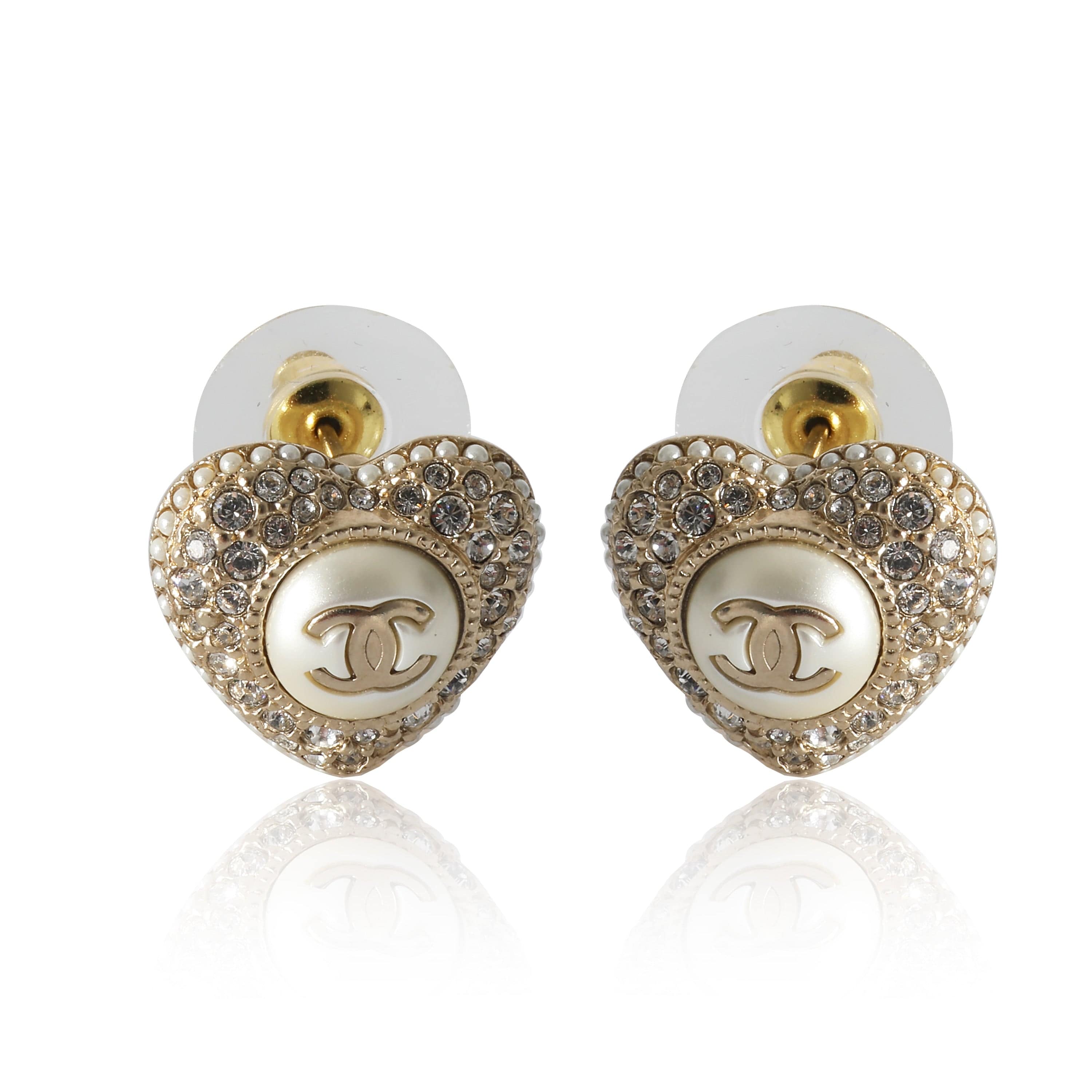 Chanel Chanel Gold Plated Heart Stud CC Earrings