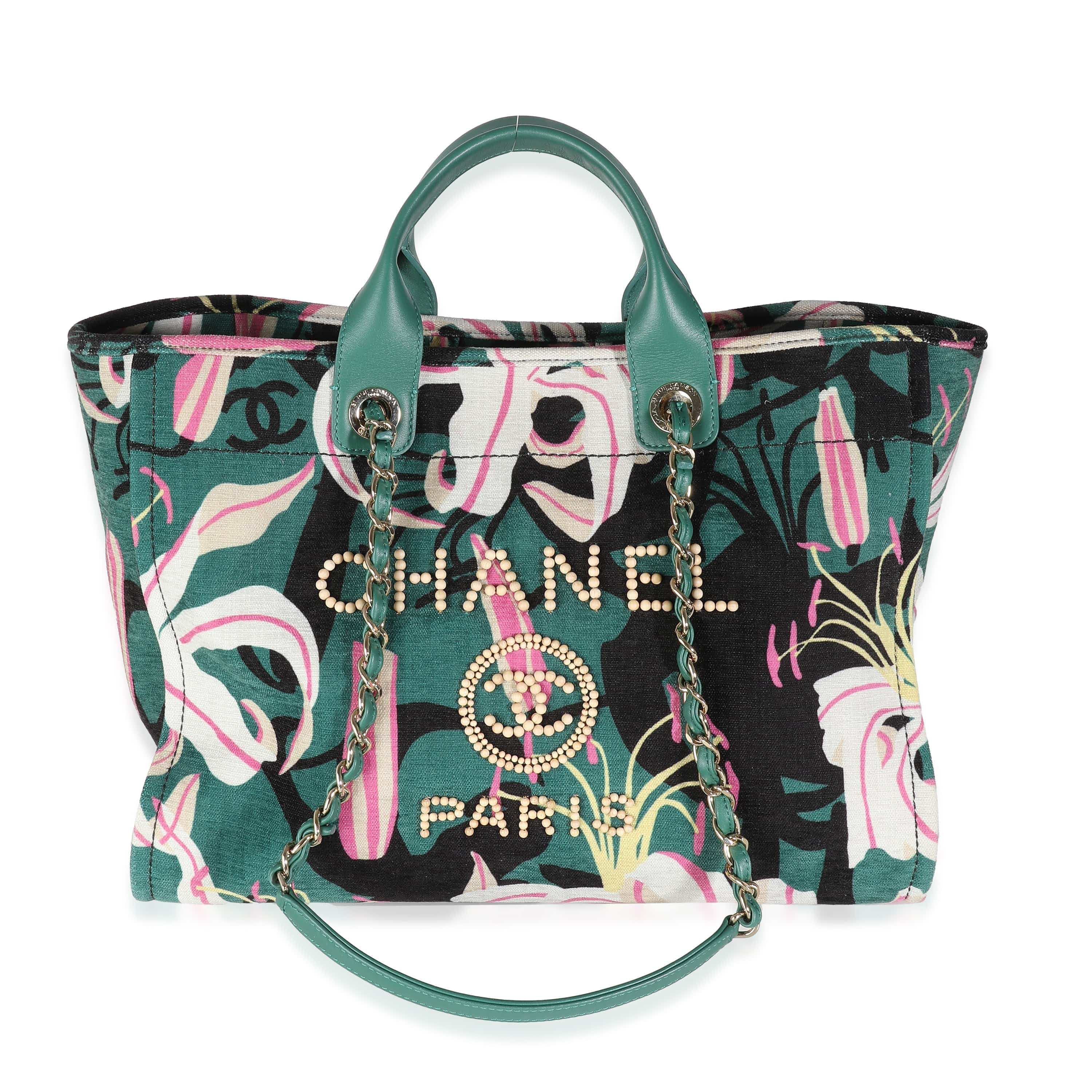 Chanel 23A Green Pink Tropical Velvet Deauville Shopping Tote