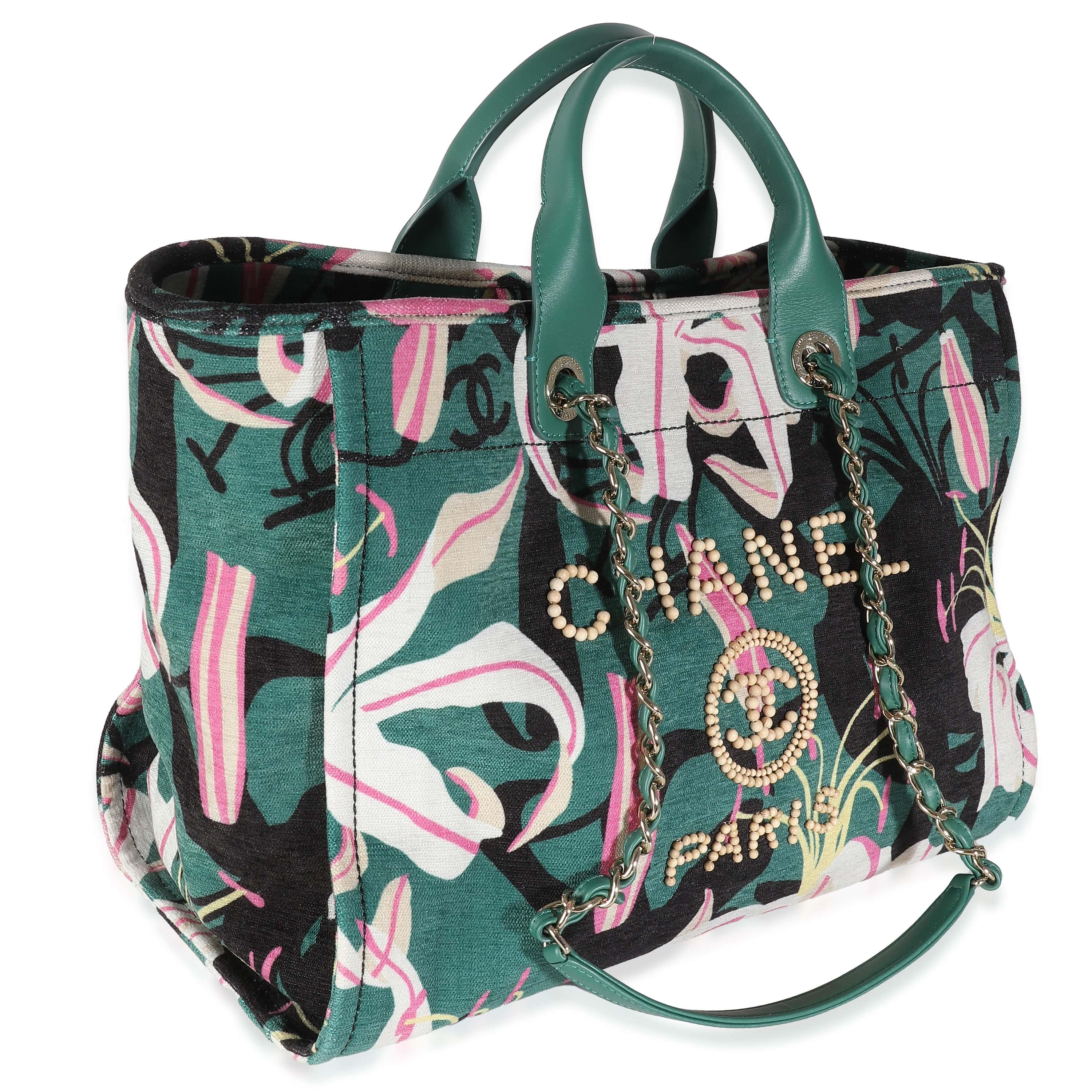 Chanel 23A Green Pink Tropical Velvet Deauville Shopping Tote