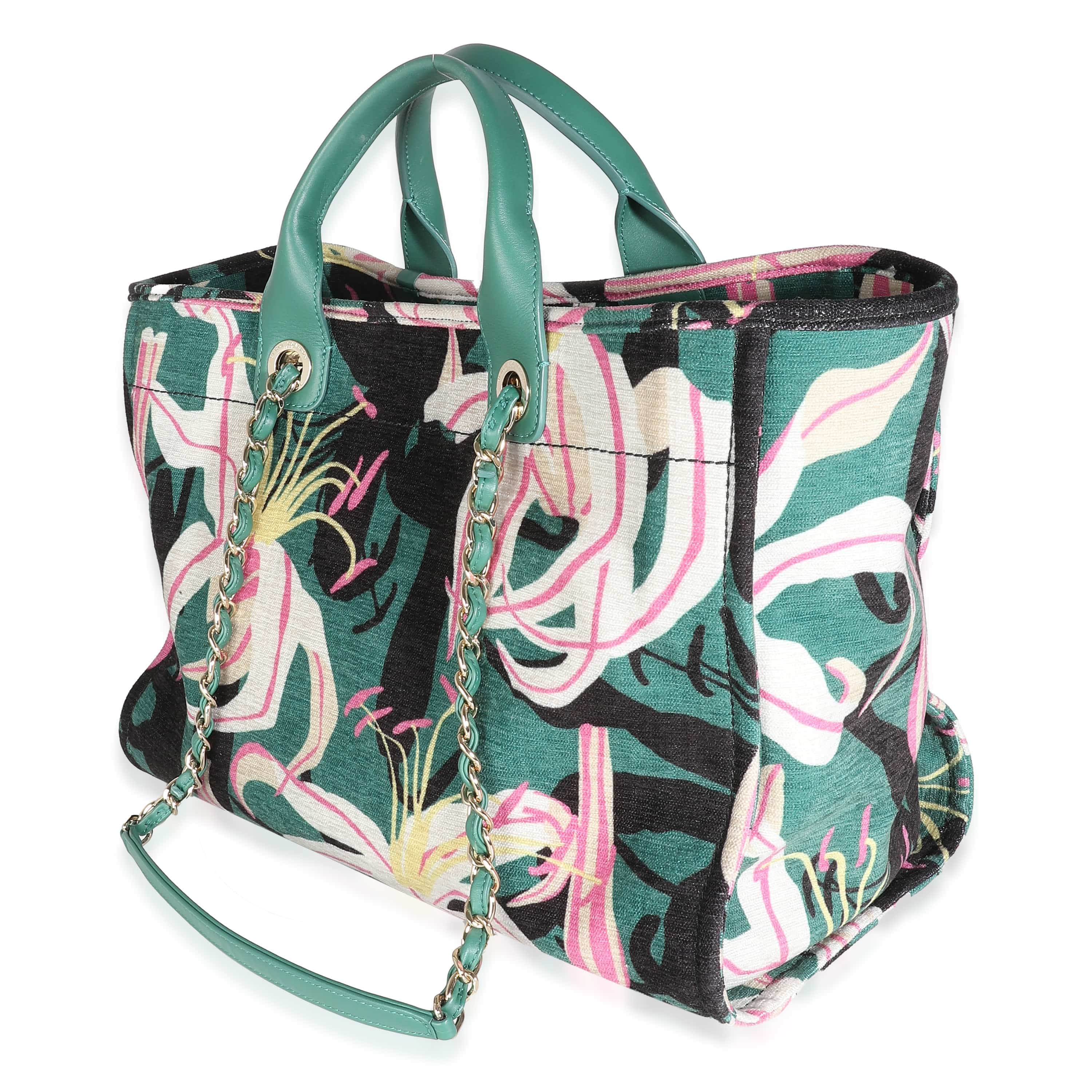 Chanel 23A Green Pink Tropical Velvet Deauville Shopping Tote