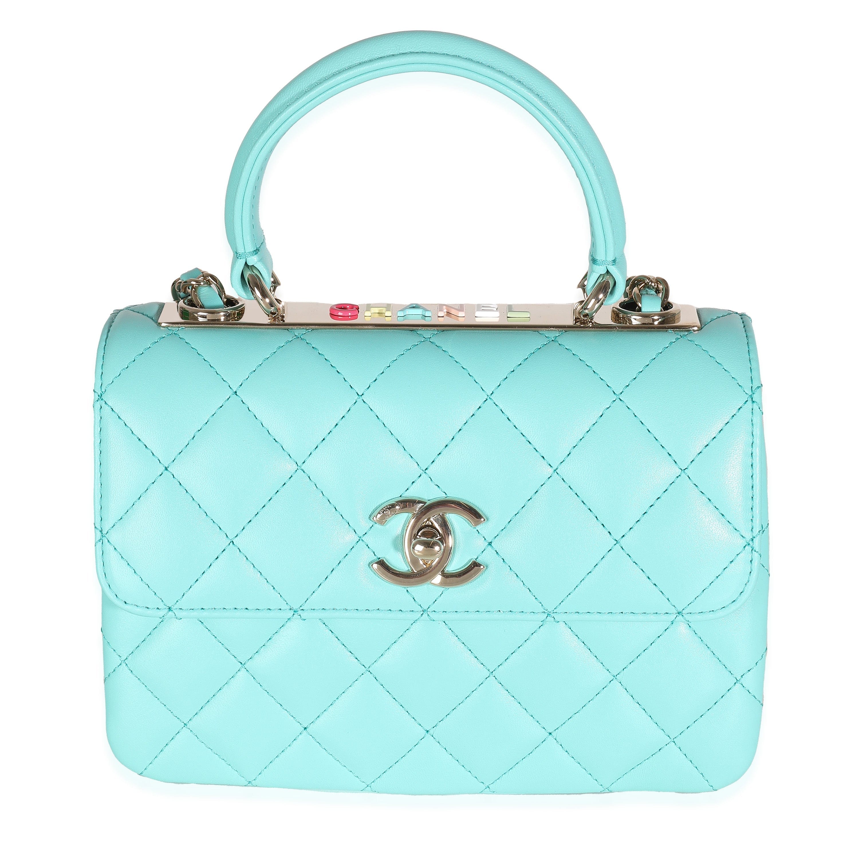 Chanel 24C Turquoise Quilted Lambskin Mini Trendy Top Handle