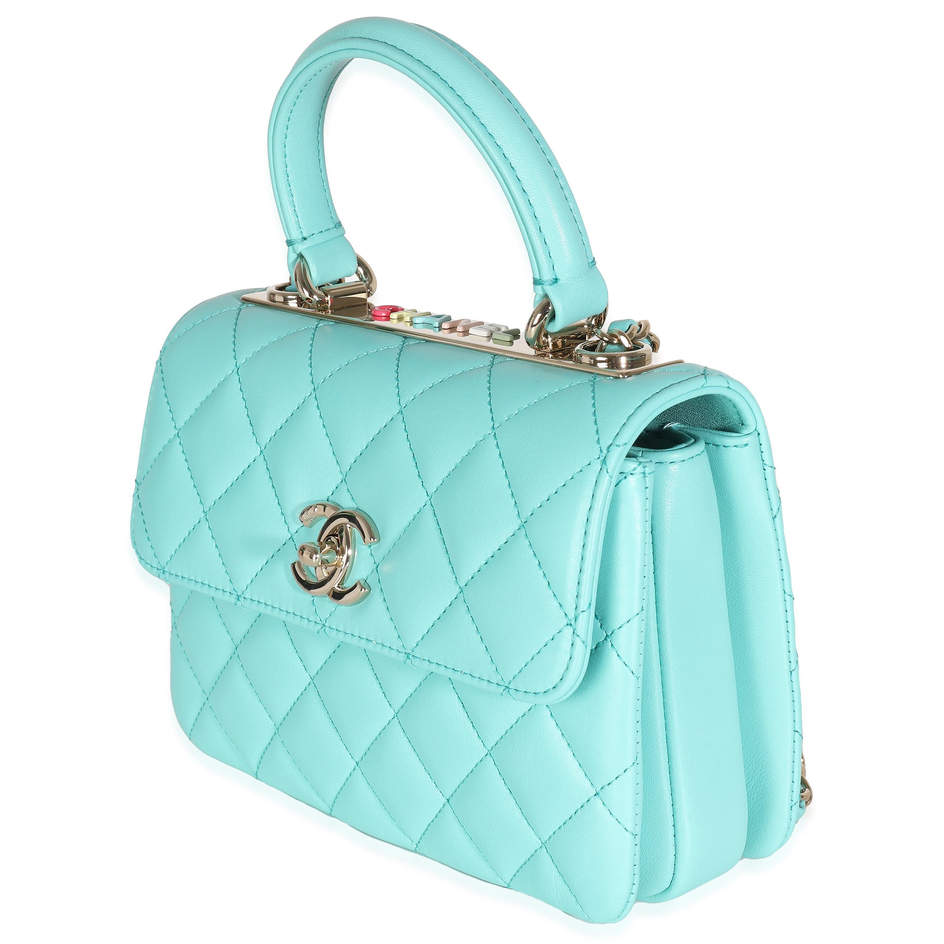 Chanel 24C Turquoise Quilted Lambskin Mini Trendy Top Handle