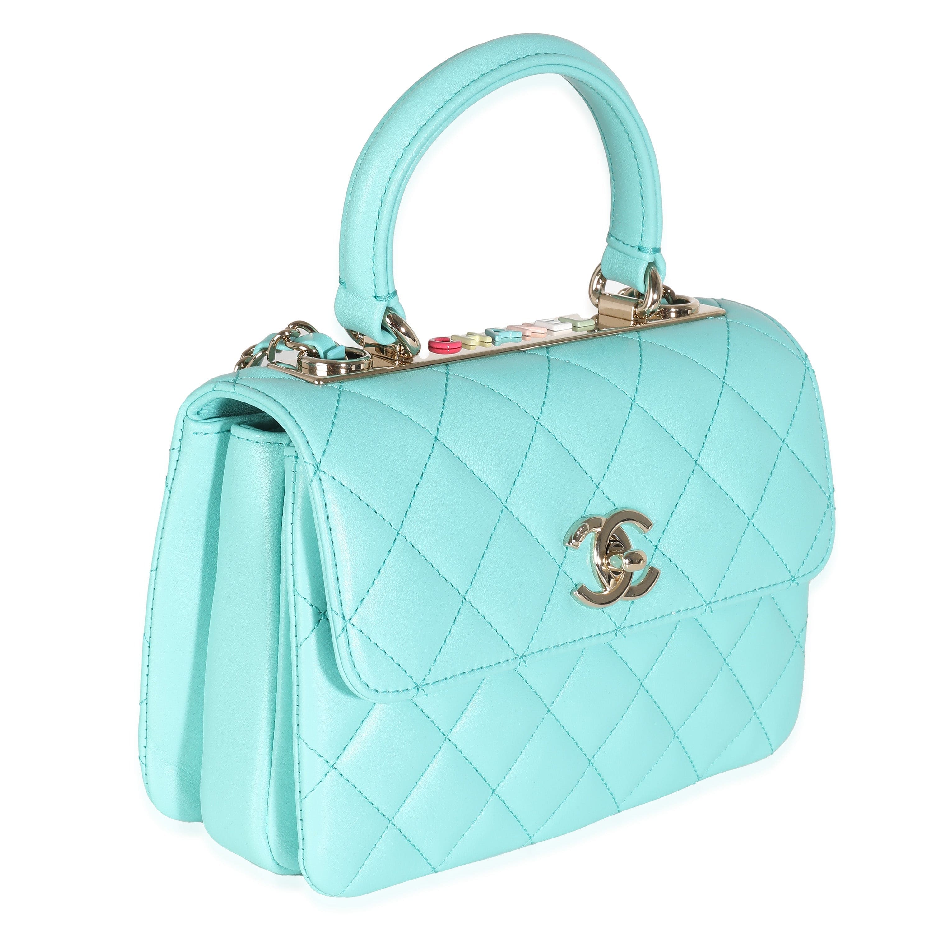 Chanel 24C Turquoise Quilted Lambskin Mini Trendy Top Handle