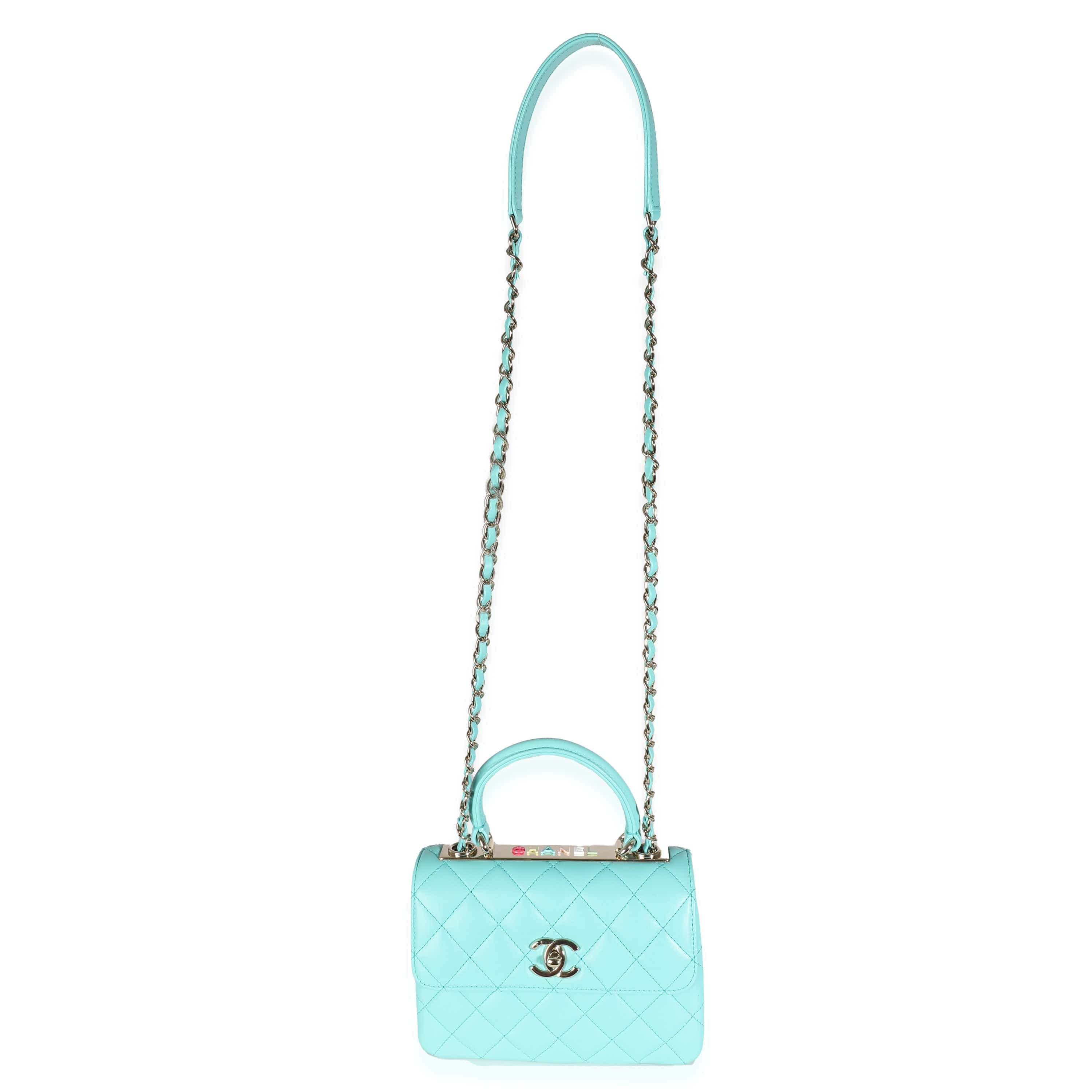 Chanel 24C Turquoise Quilted Lambskin Mini Trendy Top Handle