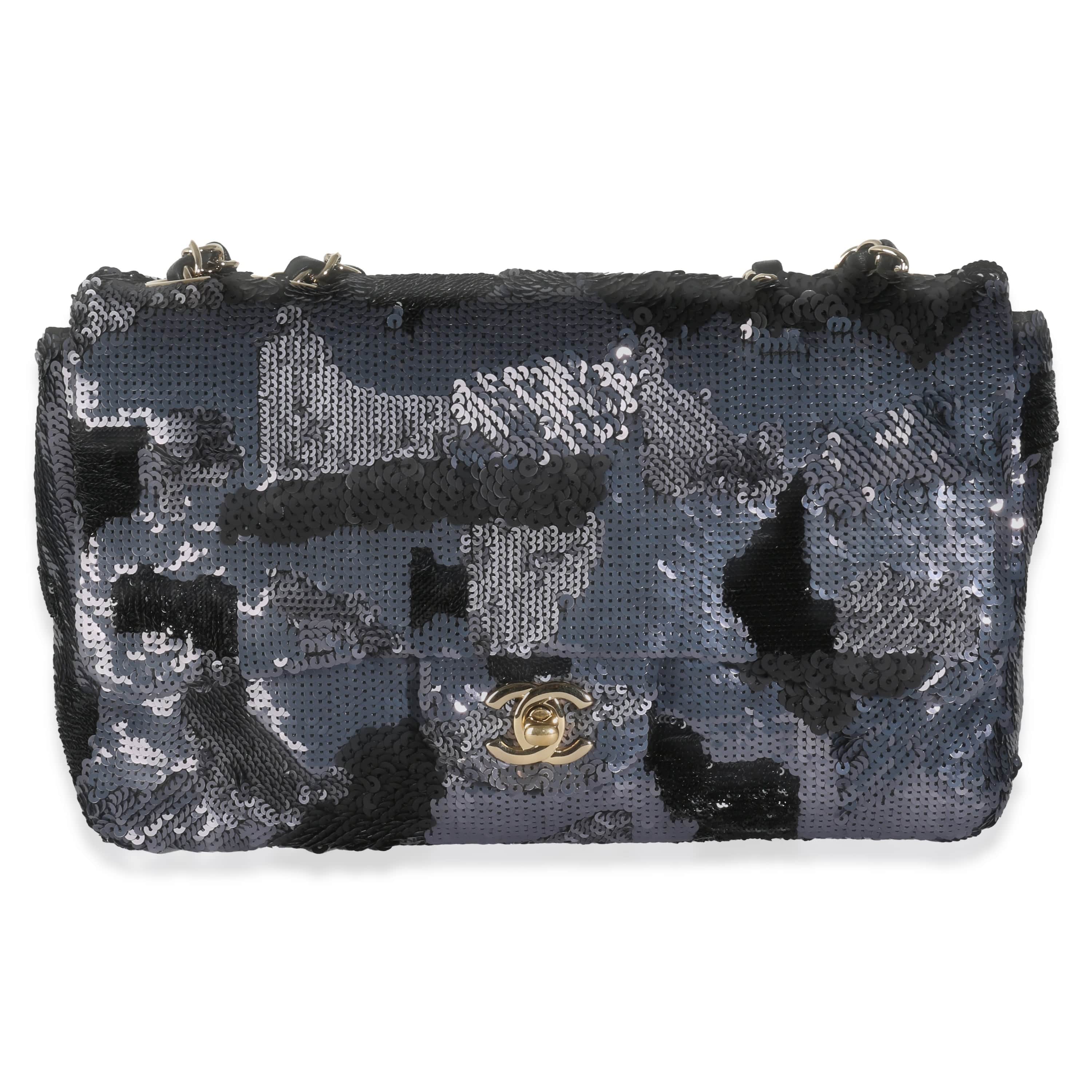 Chanel Black Navy Camo Sequin Medium Single Flap Bag