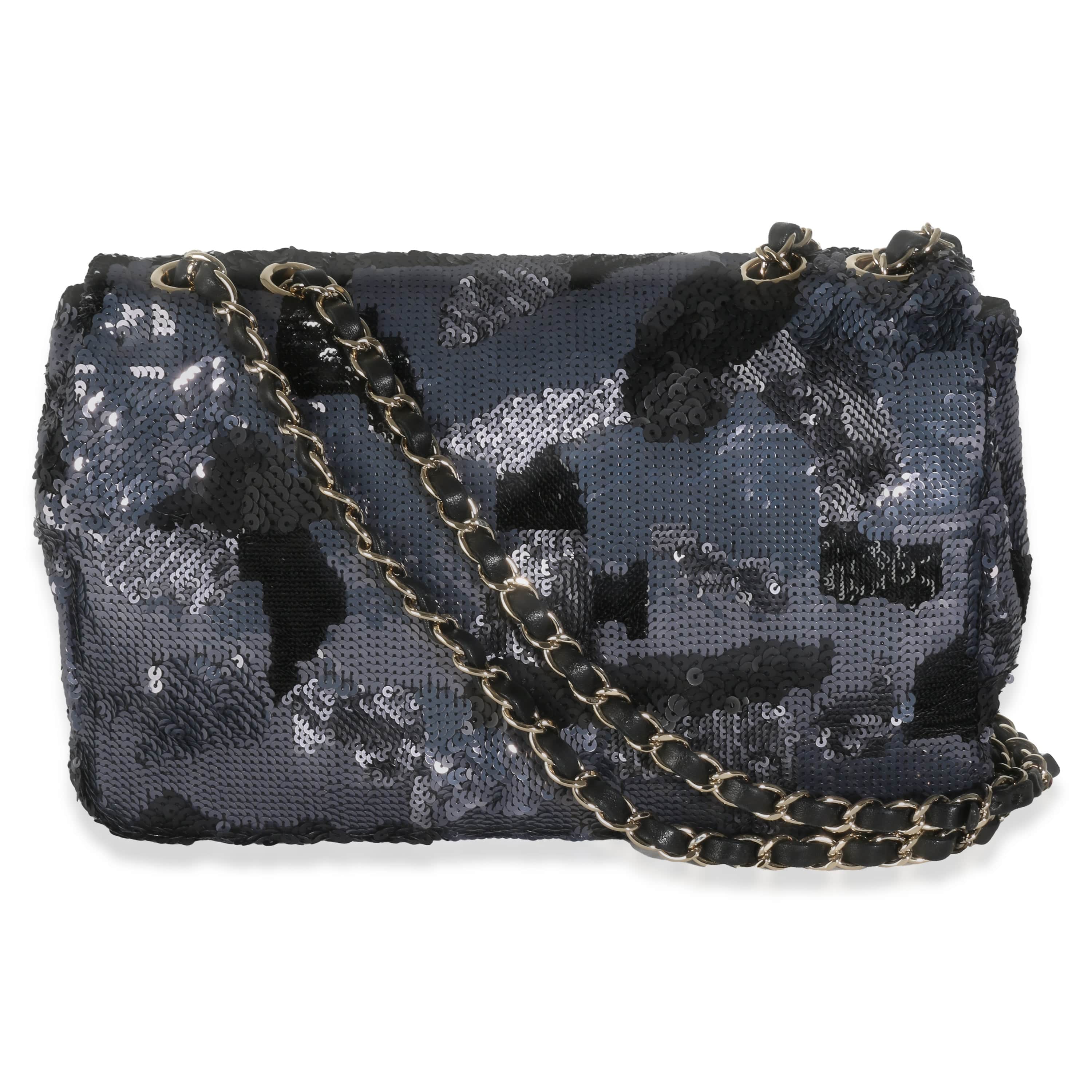 Chanel Black Navy Camo Sequin Medium Single Flap Bag