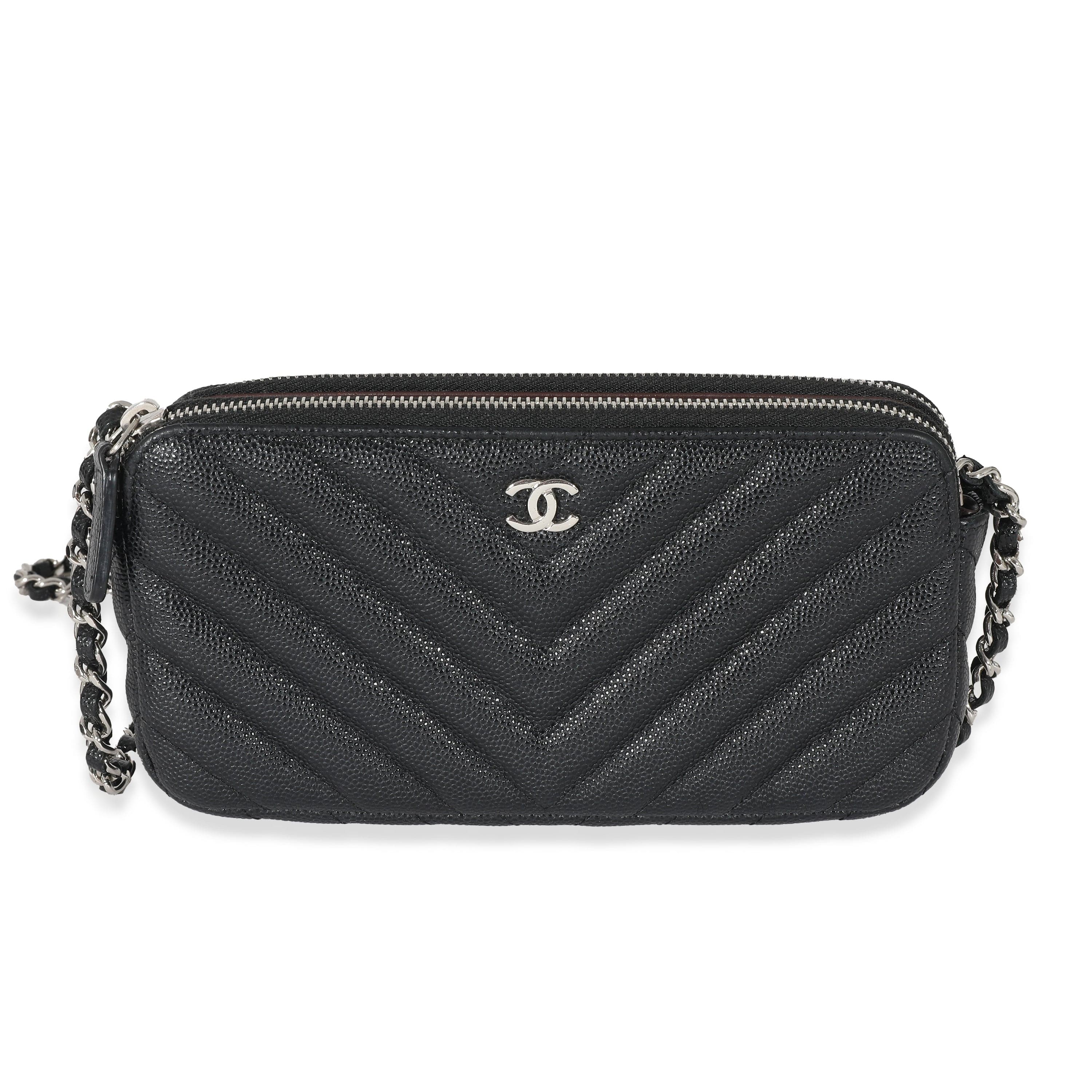 Chanel Chanel 17S Black Caviar Chevron Double Zip Chain Clutch